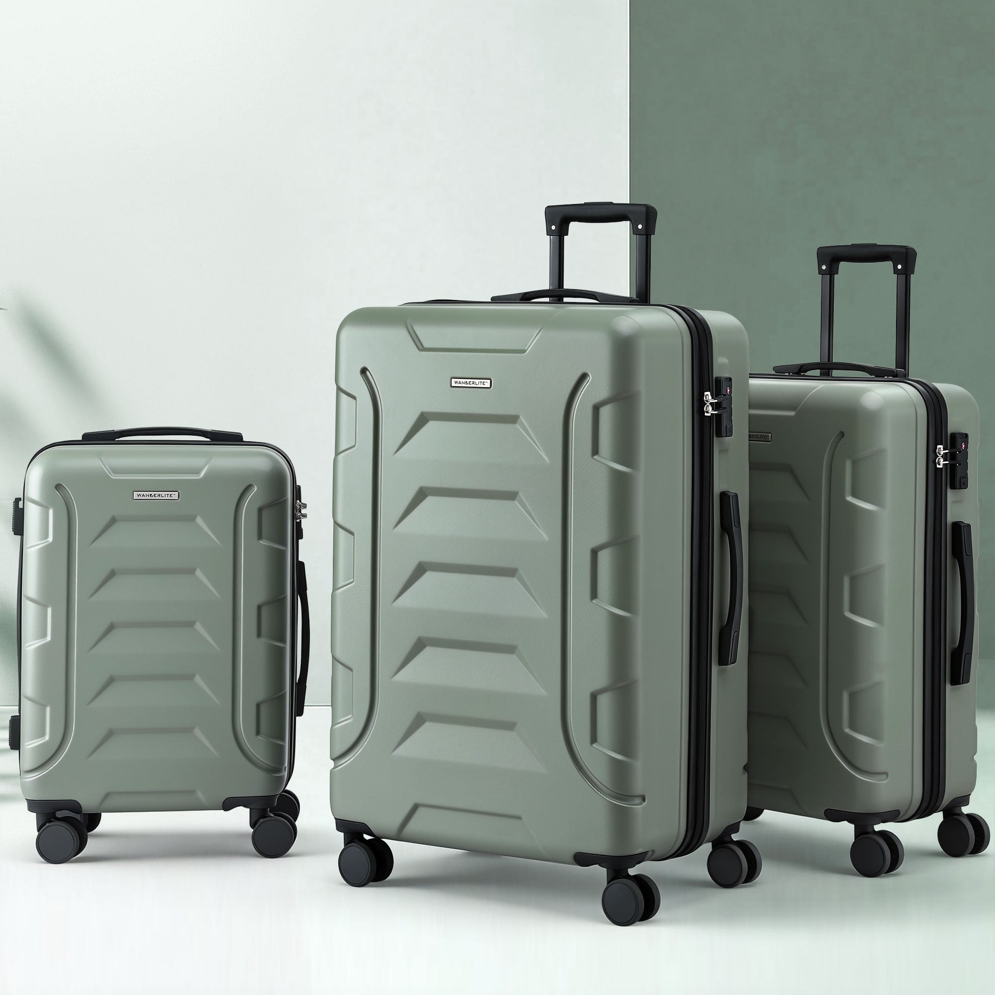 Wanderlite 3pcs Luggage Suitcase Set Trolley Travel TSA Lightweight Hard Case Grey Green