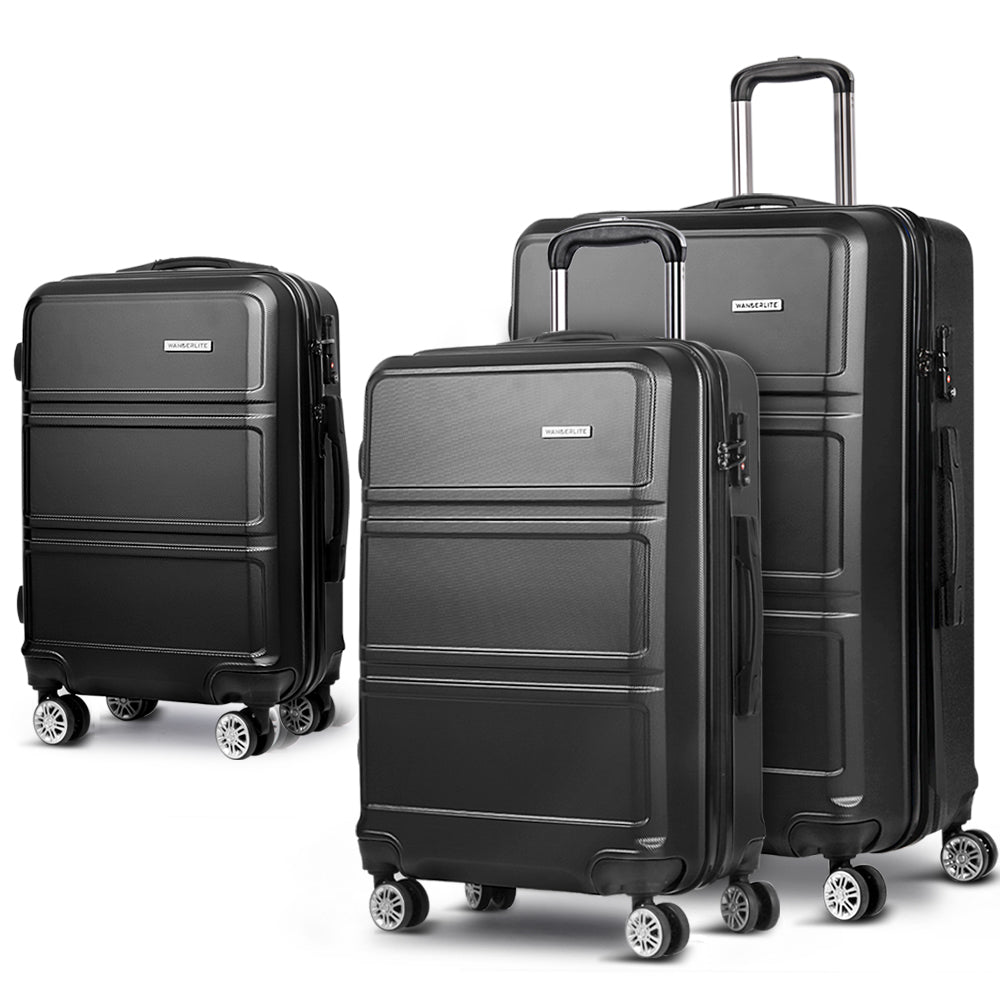 Wanderlite 3-Piece Luggage Set TSA Lock Spinner Hard Shell Black