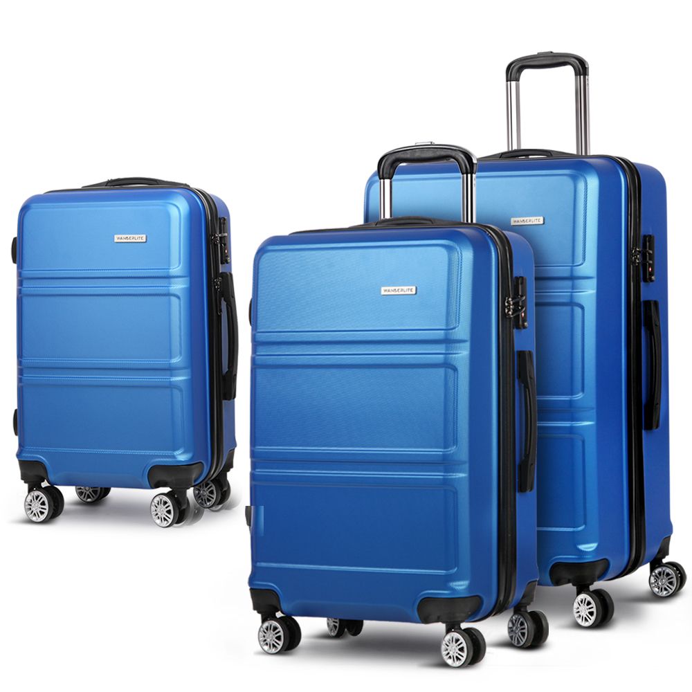 Wanderlite 3 Piece Luggage Trolley Set Hard Suitcase 20" 24" 28" Blue