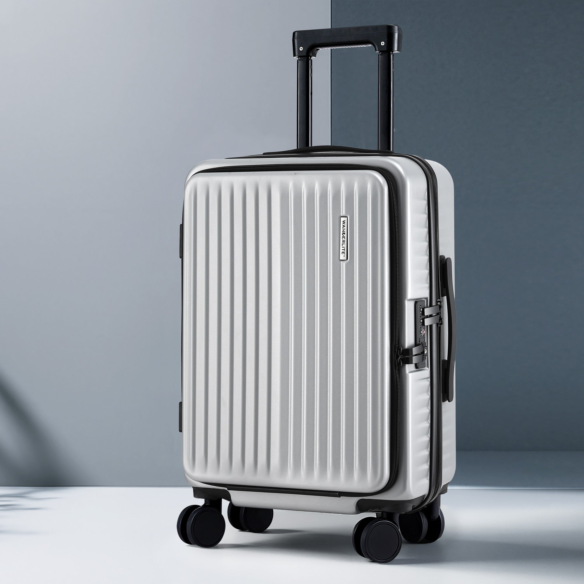 Wanderlite 20" Luggage Suitcase Front Pocket Travel Carry On Dual TSA Silver