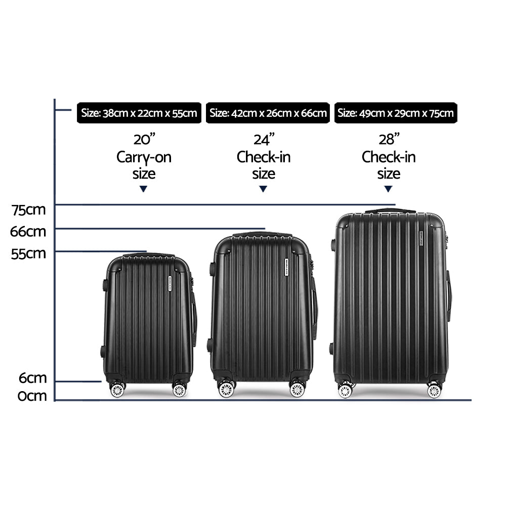 Wanderlite 3-Piece Luggage Set 20-24-28 Inch TSA Lock Spinner Hard Shell Black