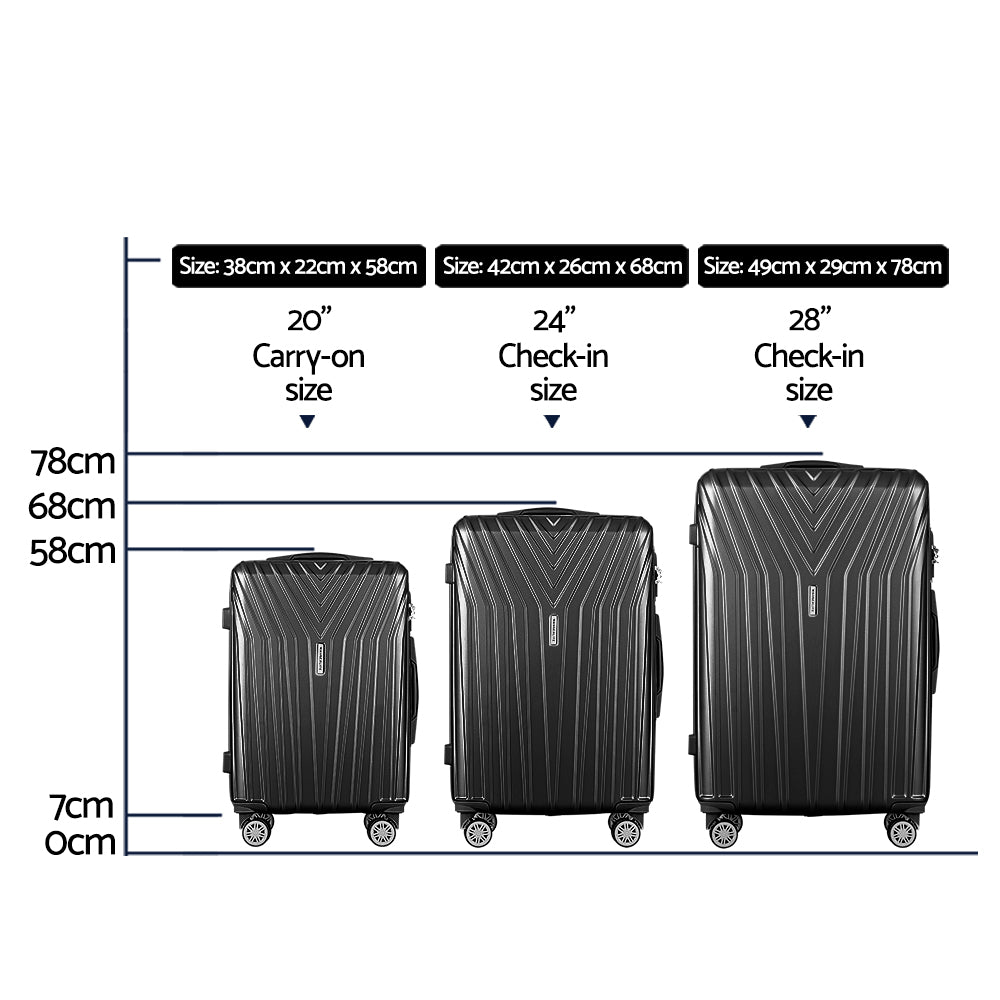 Wanderlite 3-Piece Luggage Set 20-24-28 Inch Suitcase TSA Lock Hard Shell Black