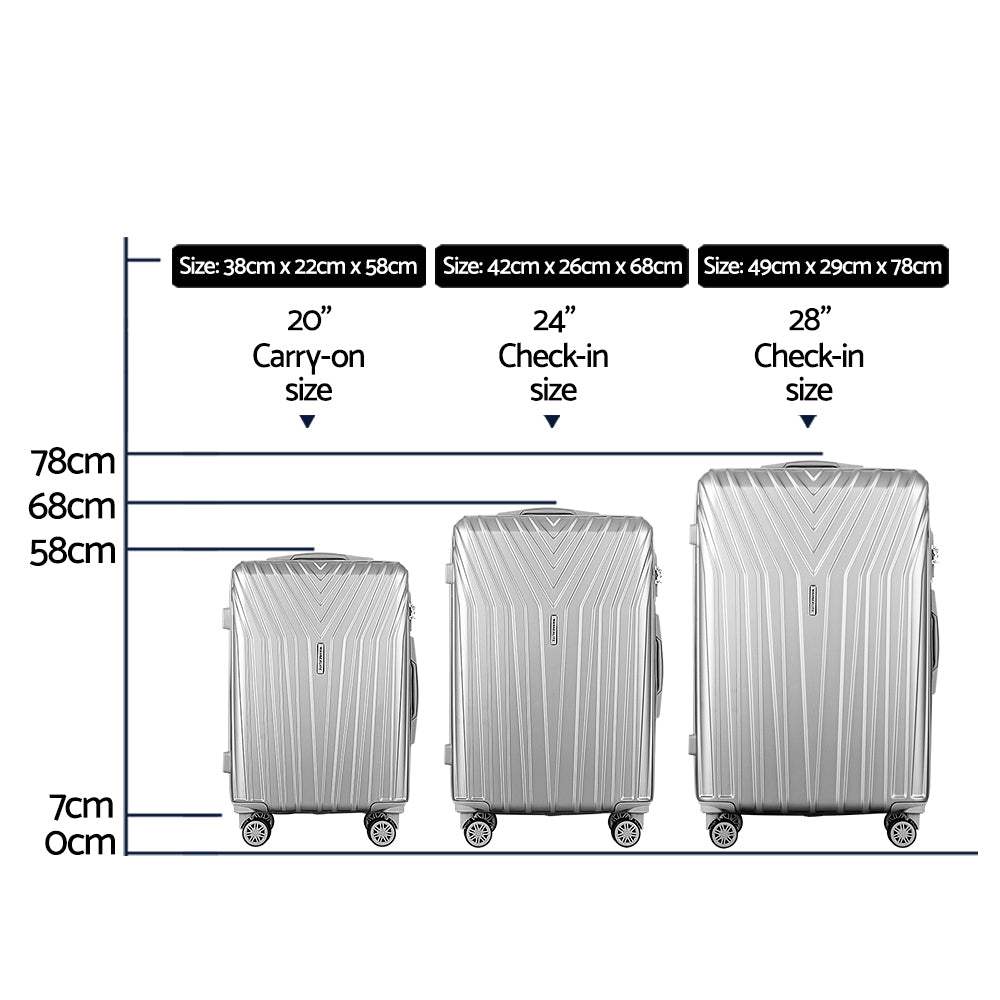 Wanderlite Silver 3-Piece Luggage Set 20-24-28 Inch Hard Shell Suitcases TSA Lock