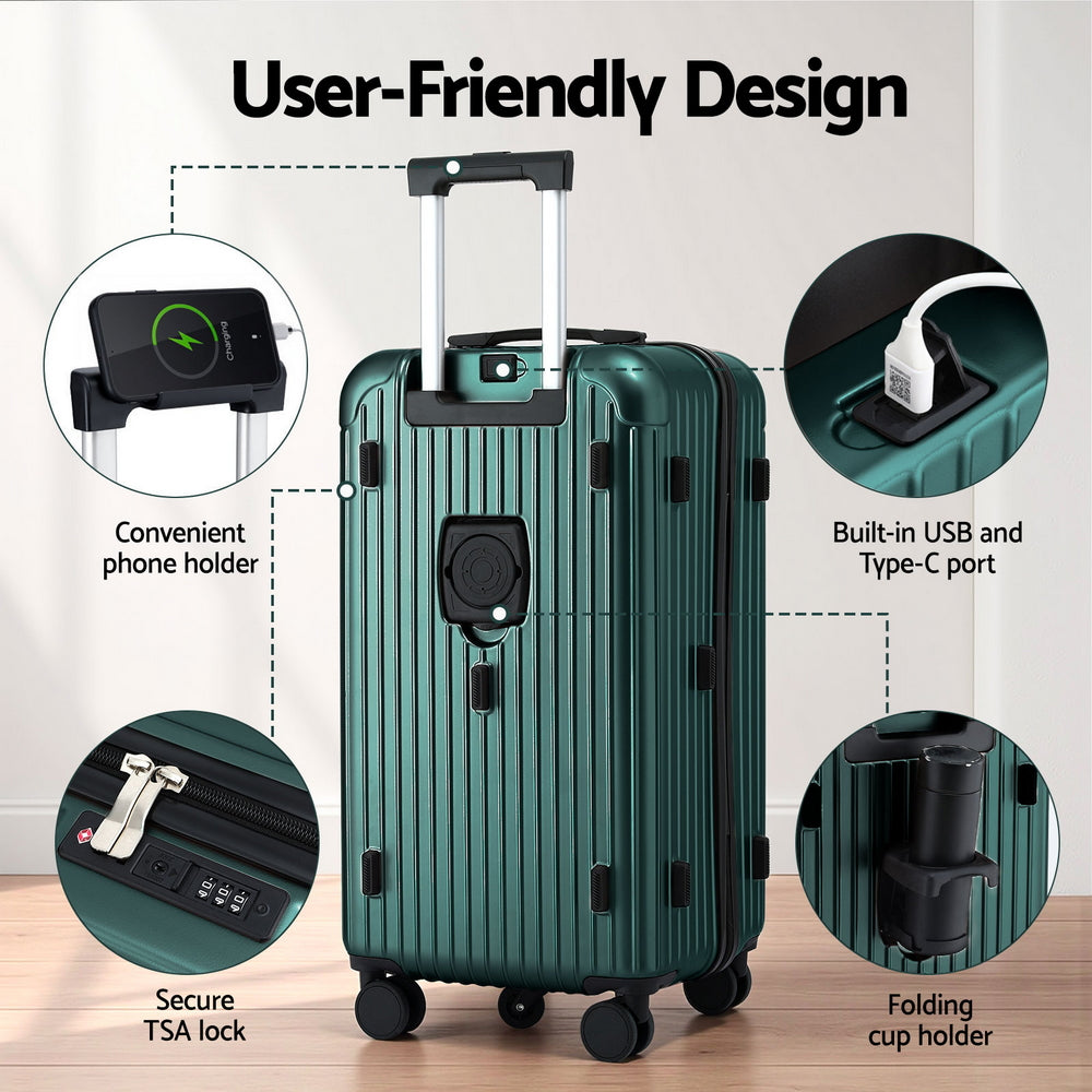 Wanderlite 28" Trunk Luggage 5-Wheel Type-C Port TSA Green