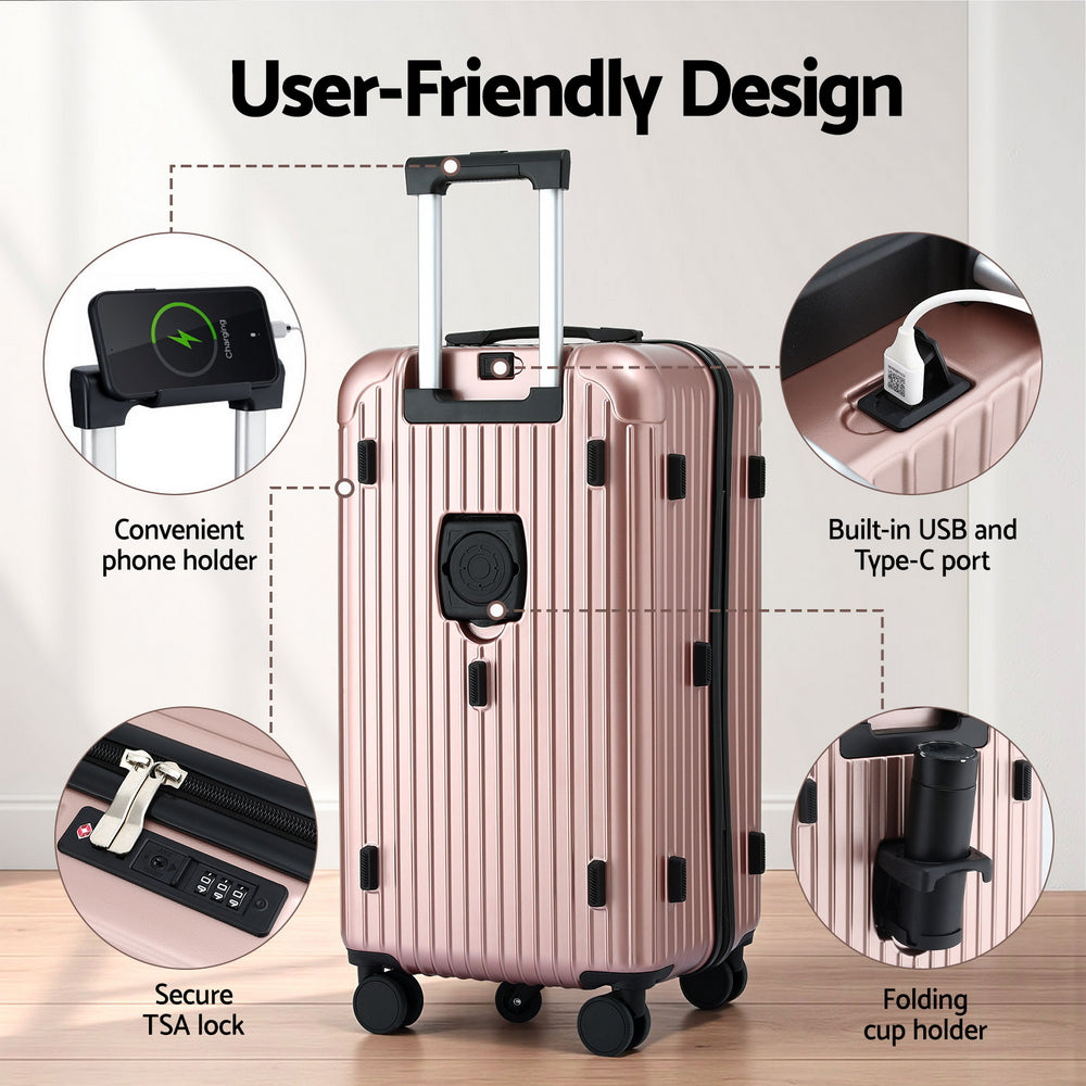 Wanderlite 28" Trunk Luggage 5 Wheels USB Type-C TSA Rose Gold