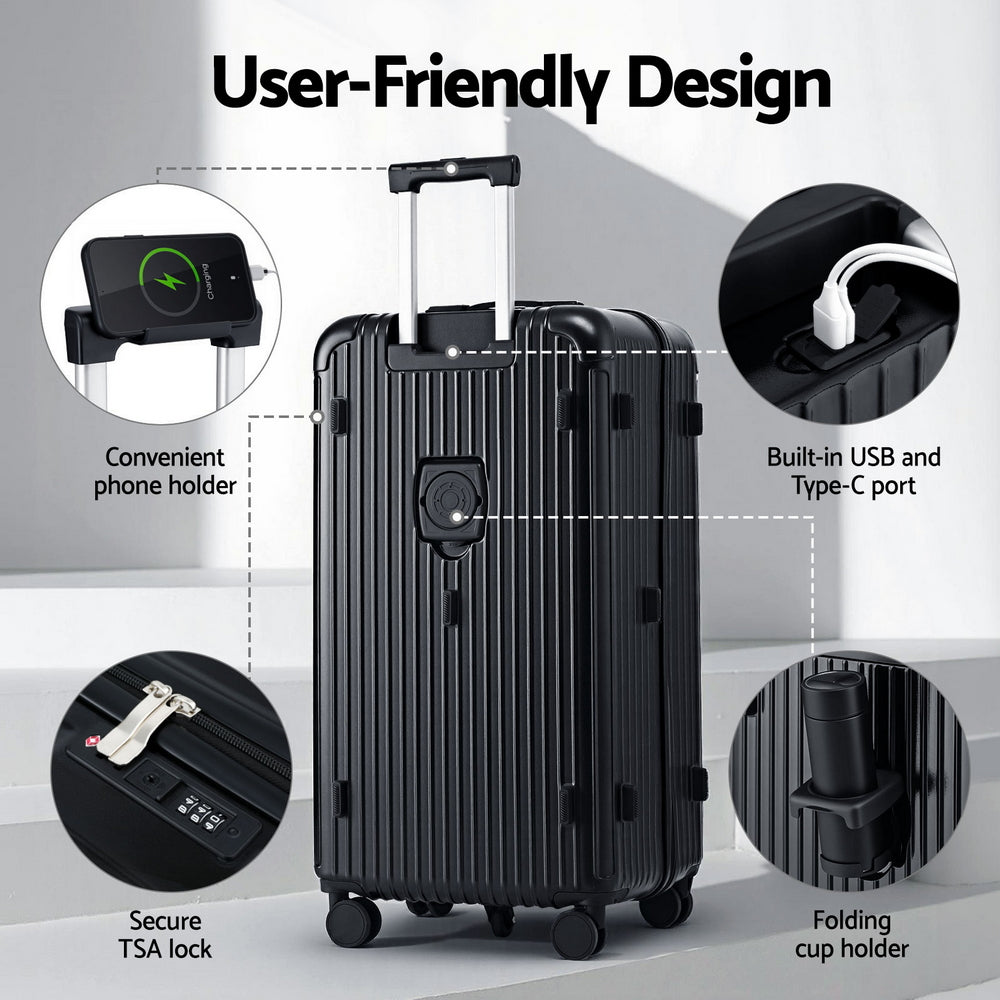 Wanderlite 32" Trunk Luggage 5-Wheel Type-C Port TSA Black