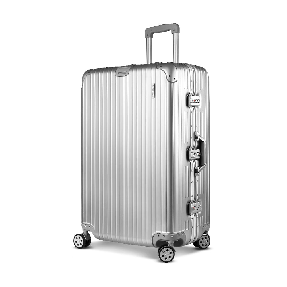 Wanderlite 28 Inch Luggage with TSA Lock Stainless Steel Wrapped Corners Hard Shell Travel Suitcase Luggage Case Silver