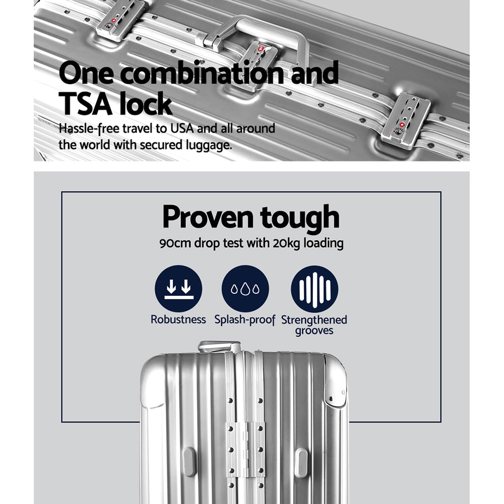 Wanderlite 28 Inch Luggage with TSA Lock Stainless Steel Wrapped Corners Hard Shell Travel Suitcase Luggage Case Silver