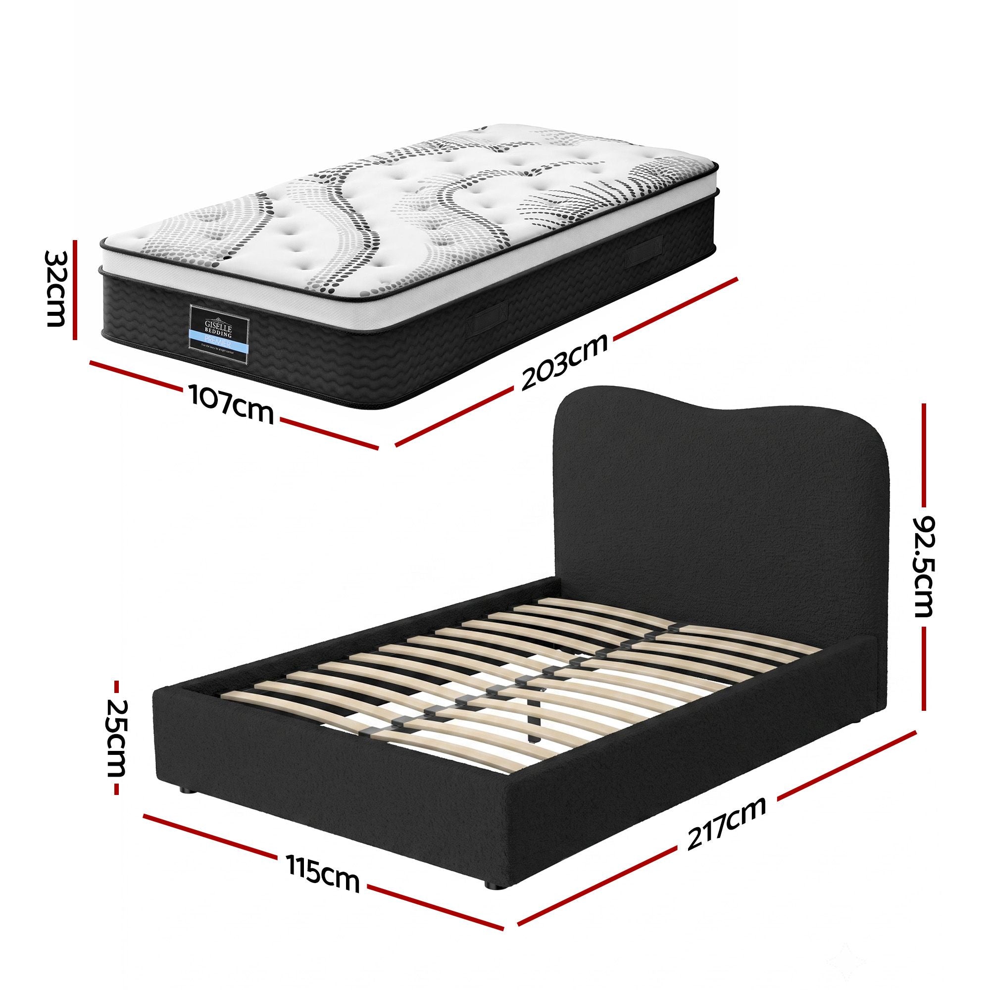 Giselle 32cm Euro Top King Single Mattress 5-Zone and Artiss Boucle Bed Frame Set