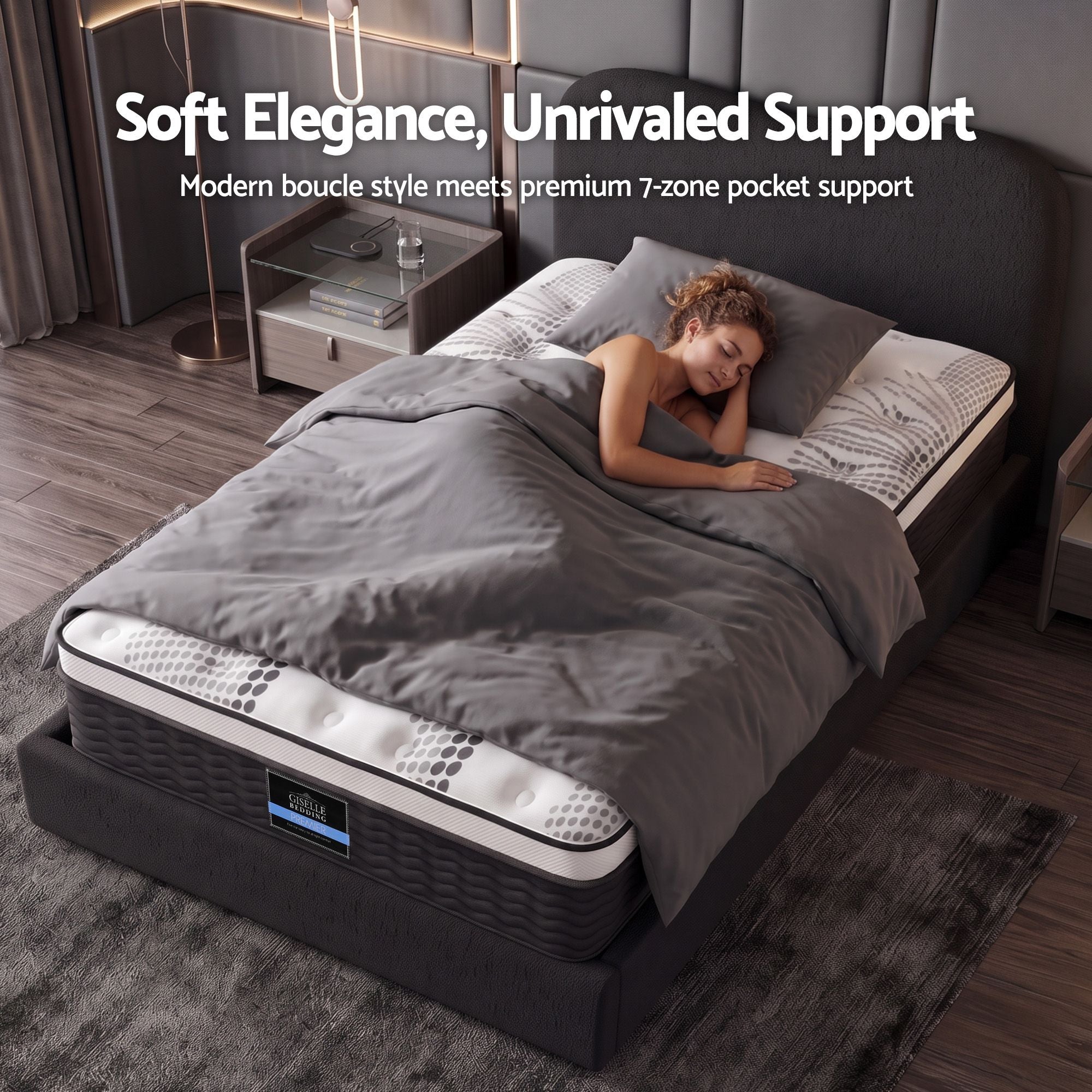 Giselle 32cm Euro Top King Single Mattress 5-Zone and Artiss Boucle Bed Frame Set