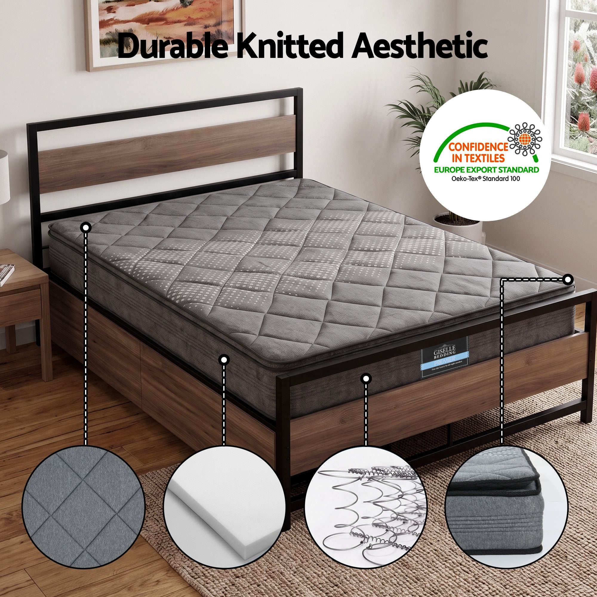 Giselle 18cm Queen Mattress Pillowtop and Artiss Metal Bed Frame Set With 2 drawers