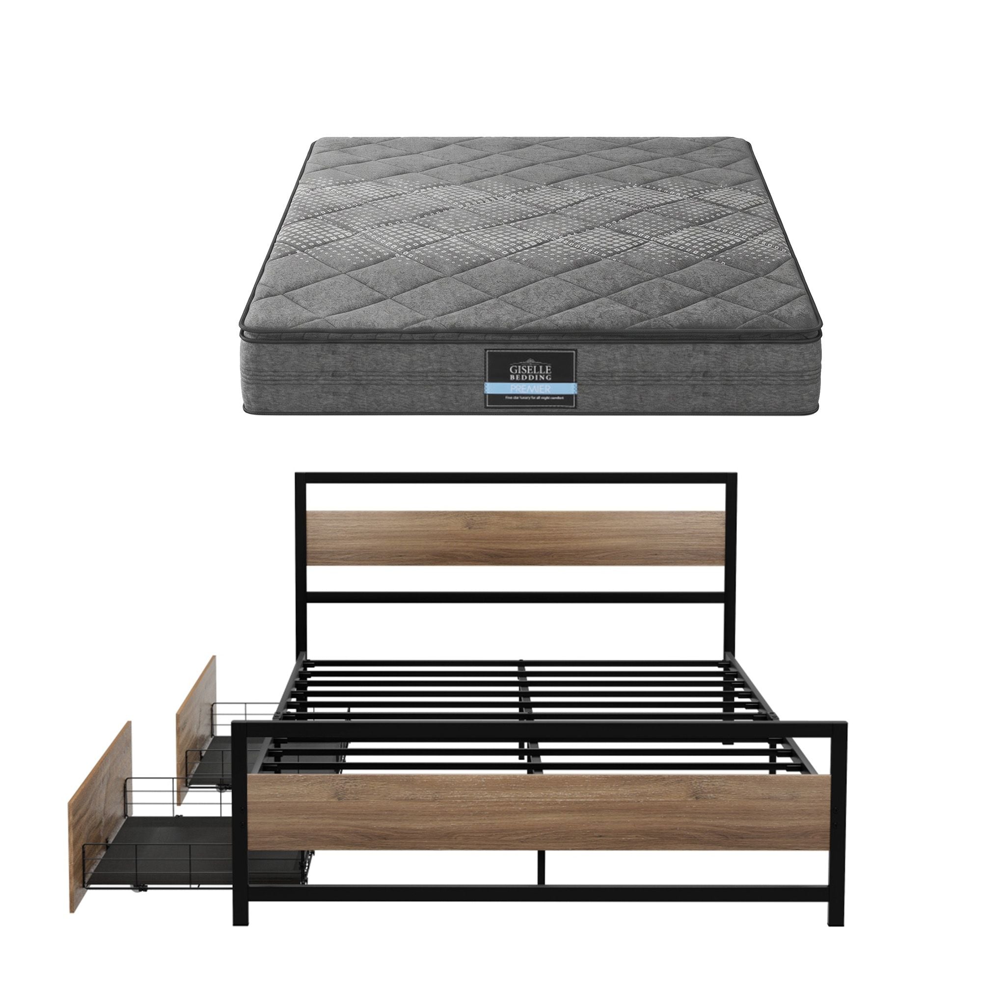 Giselle 18cm Queen Mattress Pillowtop and Artiss Metal Bed Frame Set With 2 drawers