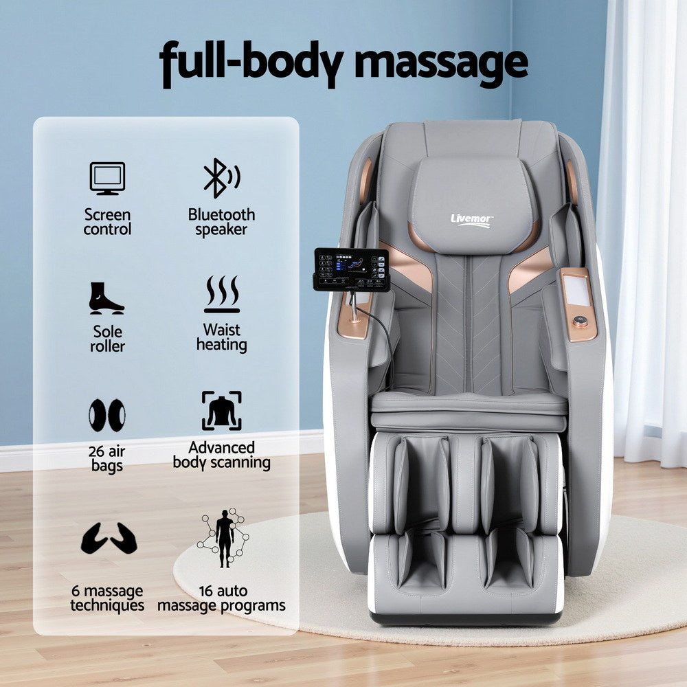 Livemor 4D Massage Chair Electric Recliner Double Core Mechanism Massager ROWA White