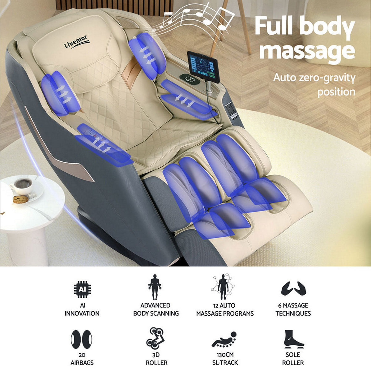 Livemor Electric Massage Chair Recliner 3D Zero Gravity Grey