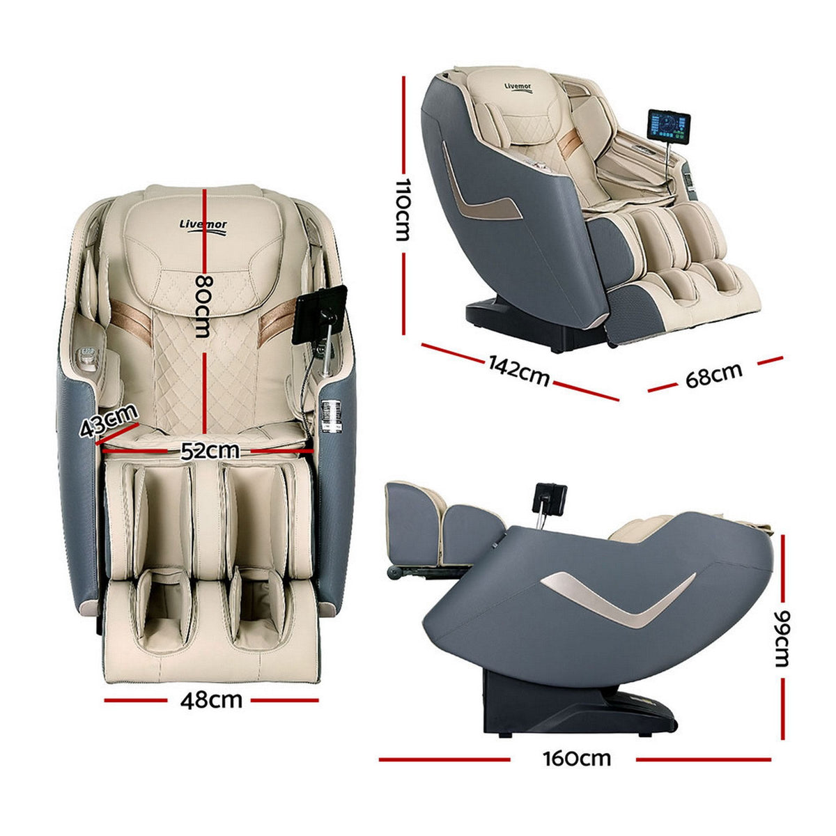 Livemor Electric Massage Chair Recliner 3D Zero Gravity Grey