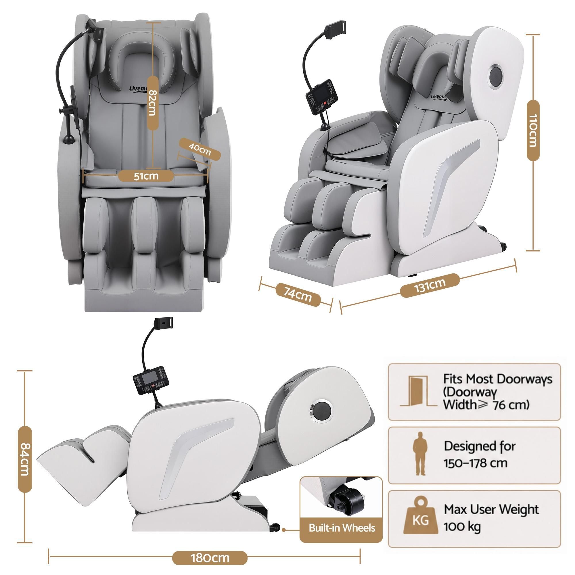 Livemor Full Body Massage Chair VEGA, Foot Roller, Waist & Calf Heat, Recliner, Airbags Compression