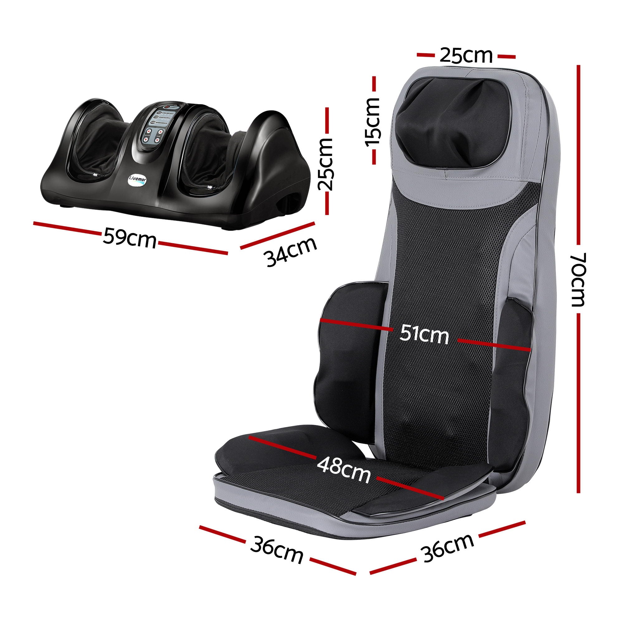 Livemor 8-nodes Full Back Massage Seat Cushion Heating With Foot Massagers