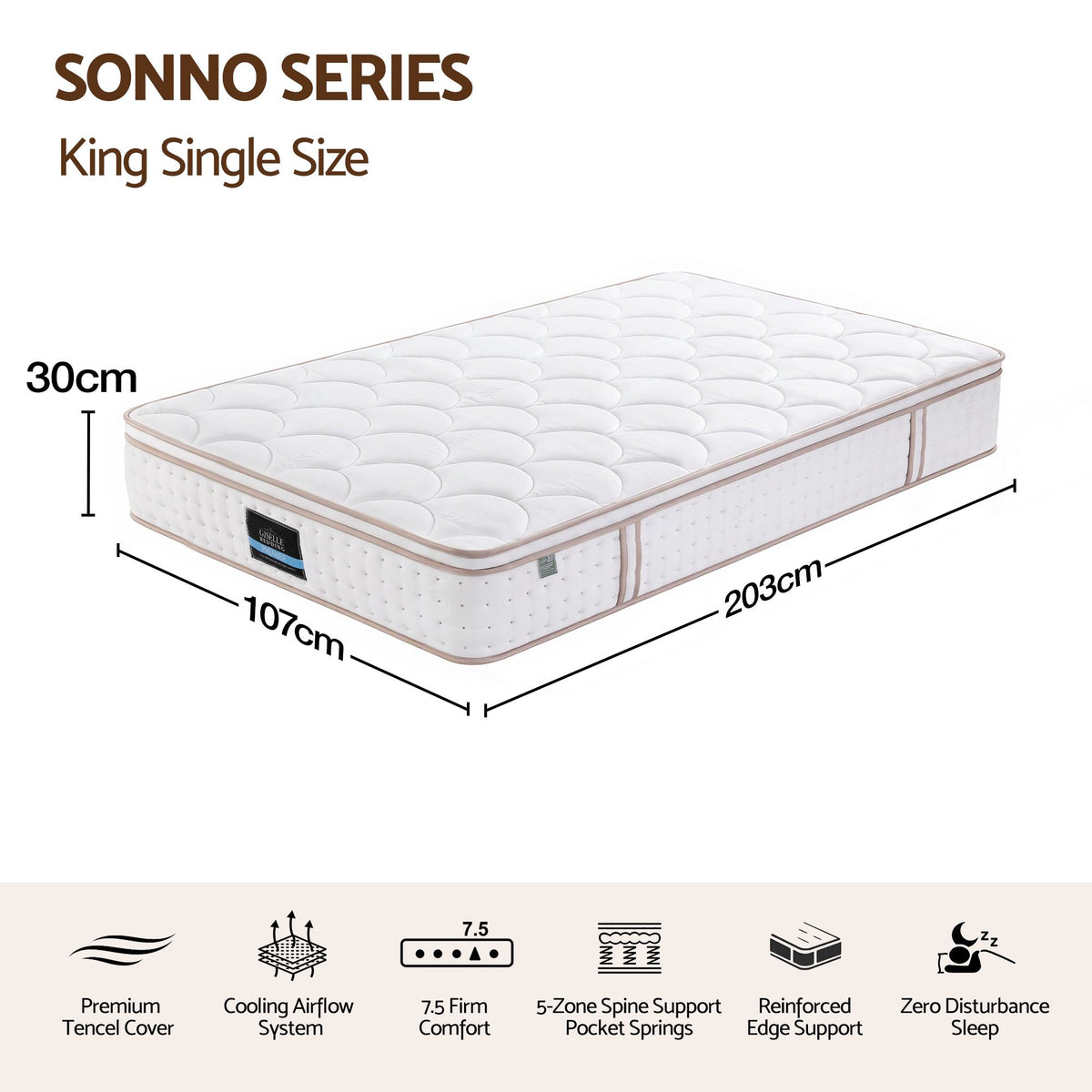 Giselle 30cm King Single Spring Mattress Tencel Cover 5-Zone Firm Back Support