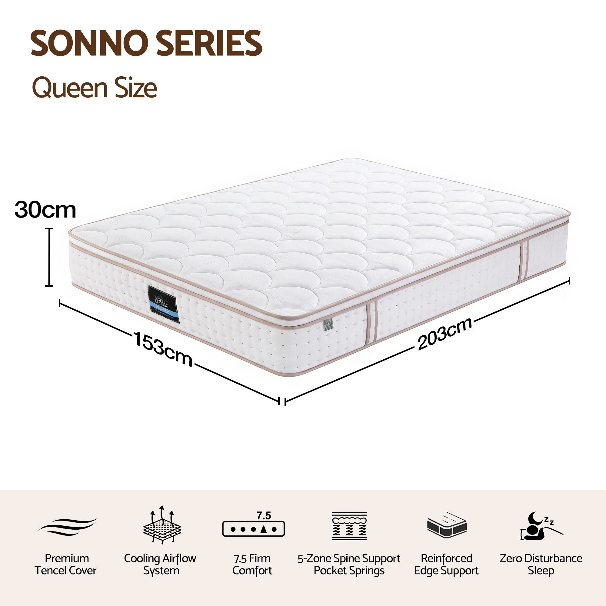 Giselle 30cm Queen Spring Mattress Tencel Cover 5-Zone Firm Back Support