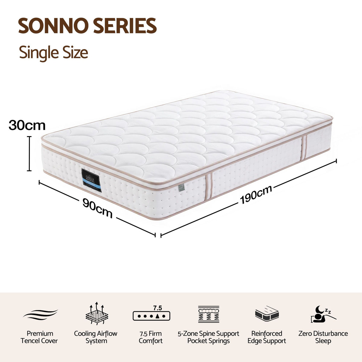 Giselle 30cm Single Spring Mattress Tencel Cover 5-Zone Firm Back Support