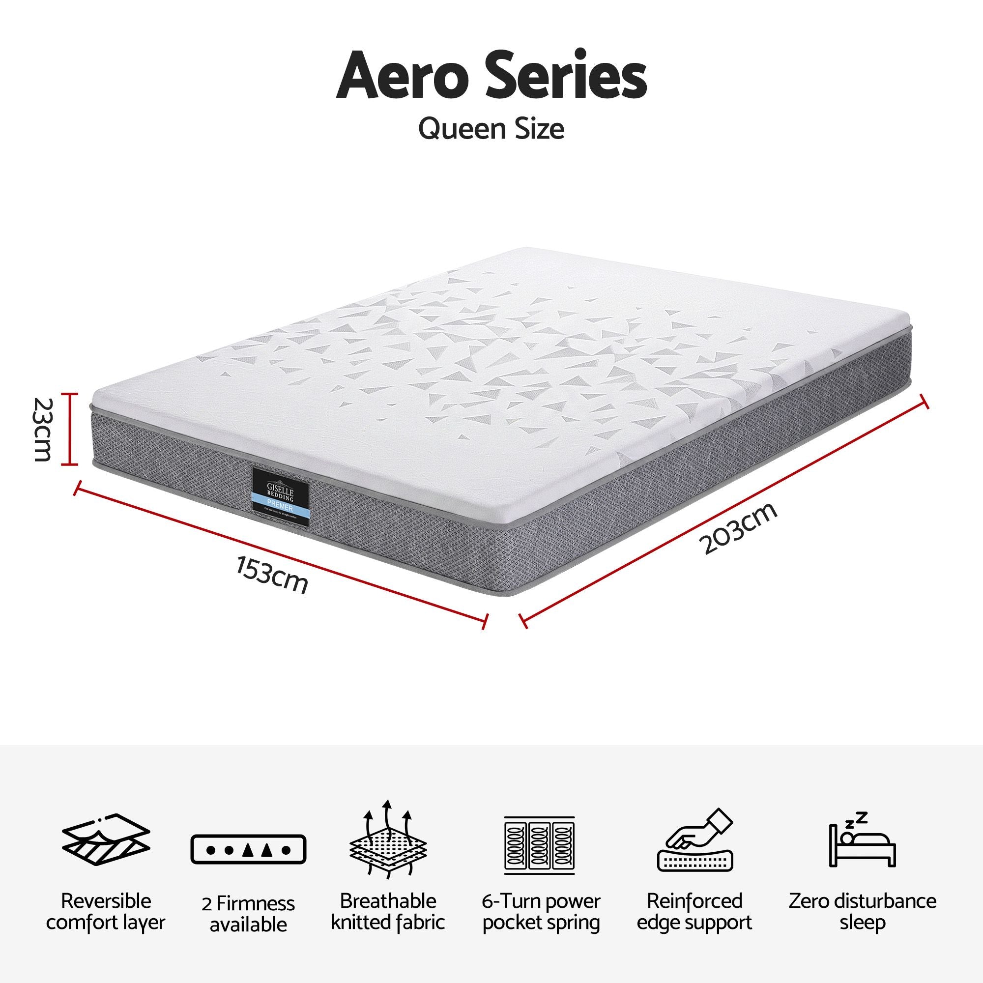Giselle Bedding Queen Mattress 23cm Pocket Spring Mattress with Adjustable Firmness Reversible Foam Layer for Medium Firm & Firm Support Motion Isolation Bedroom Bed