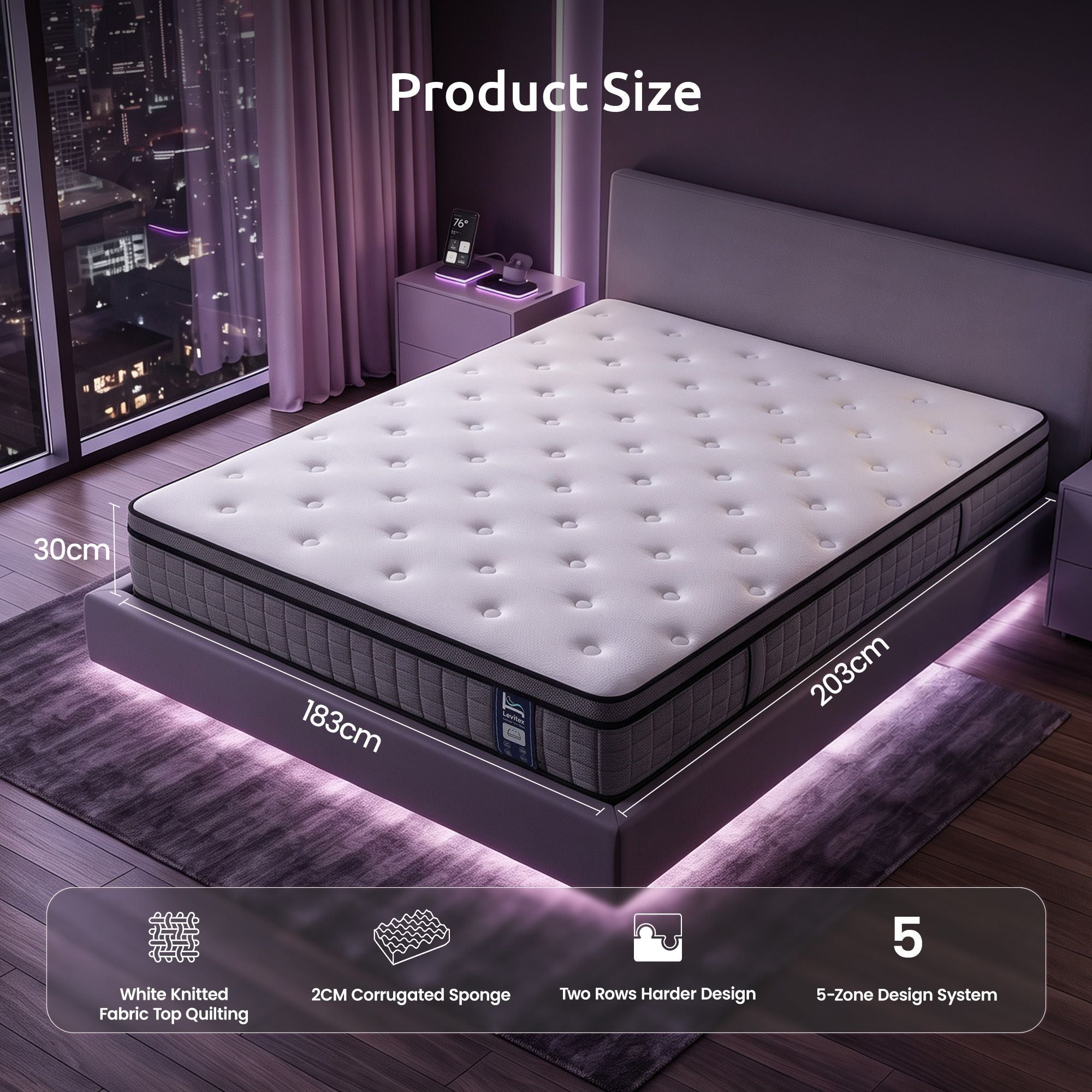 Levitex King Mattress 2 Rows Edge Support for Deep Sleep 5-Zone Ergonomic Pocket Spring Breathable Corrugated Sponge Medium Firm 30CM