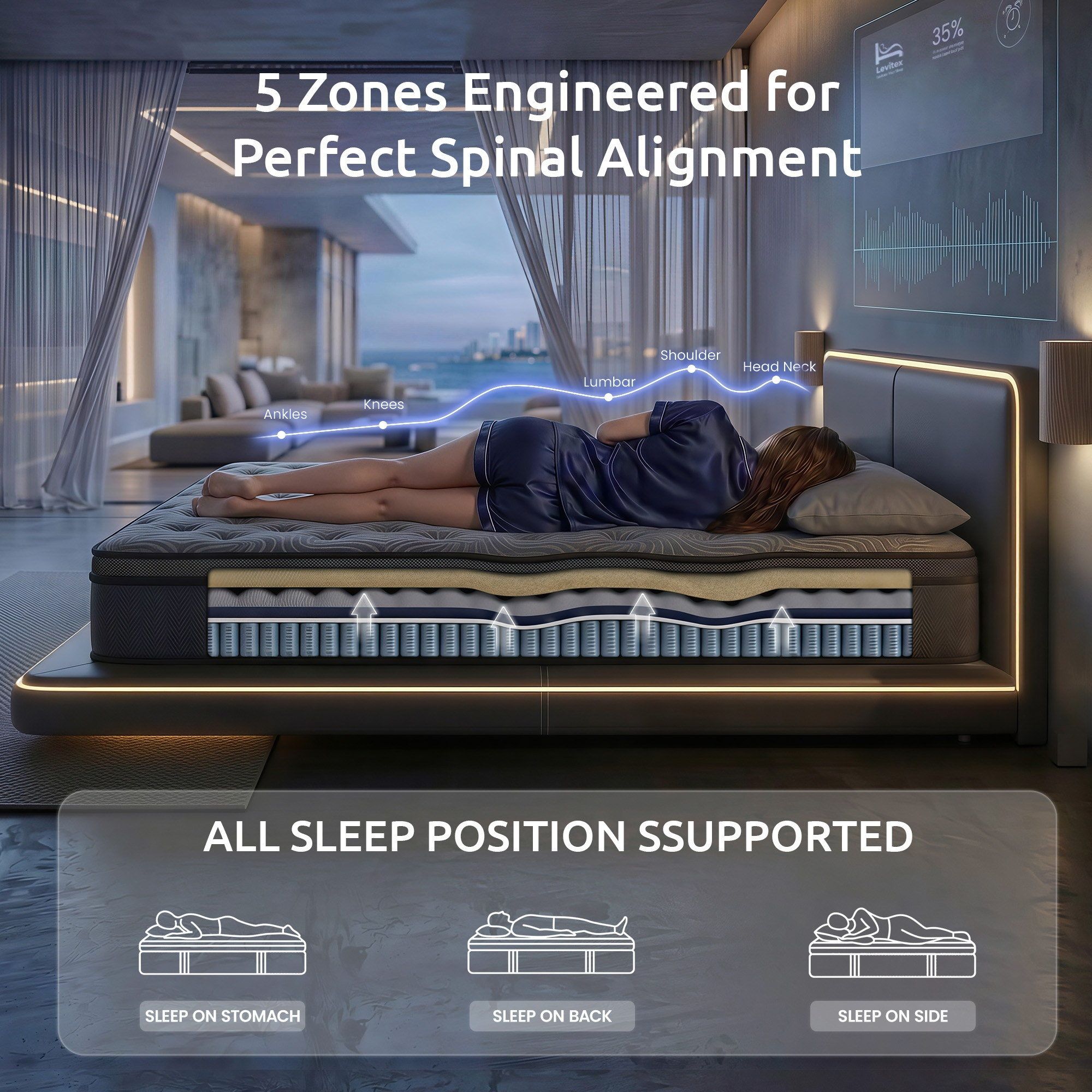 Levitex King Mattress 34 cm 5-Zone Pressure Relief Pocket Spring with Reinforced Edge Support & Breathable Gel Memory Foam Hybrid Mattress