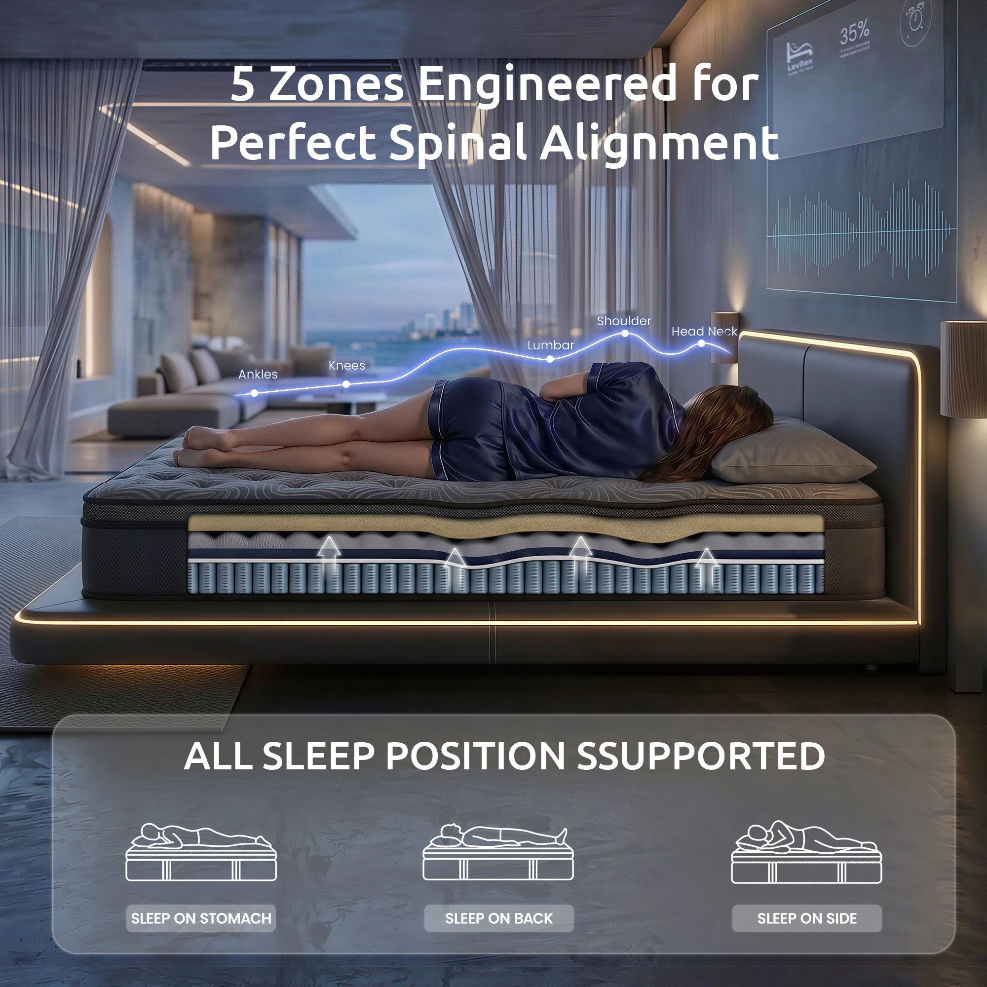 Levitex King Single Mattress 34 cm 5-Zone Pressure Relief Pocket Spring with Reinforced Edge Support & Breathable Gel Memory Foam Hybrid Mattress