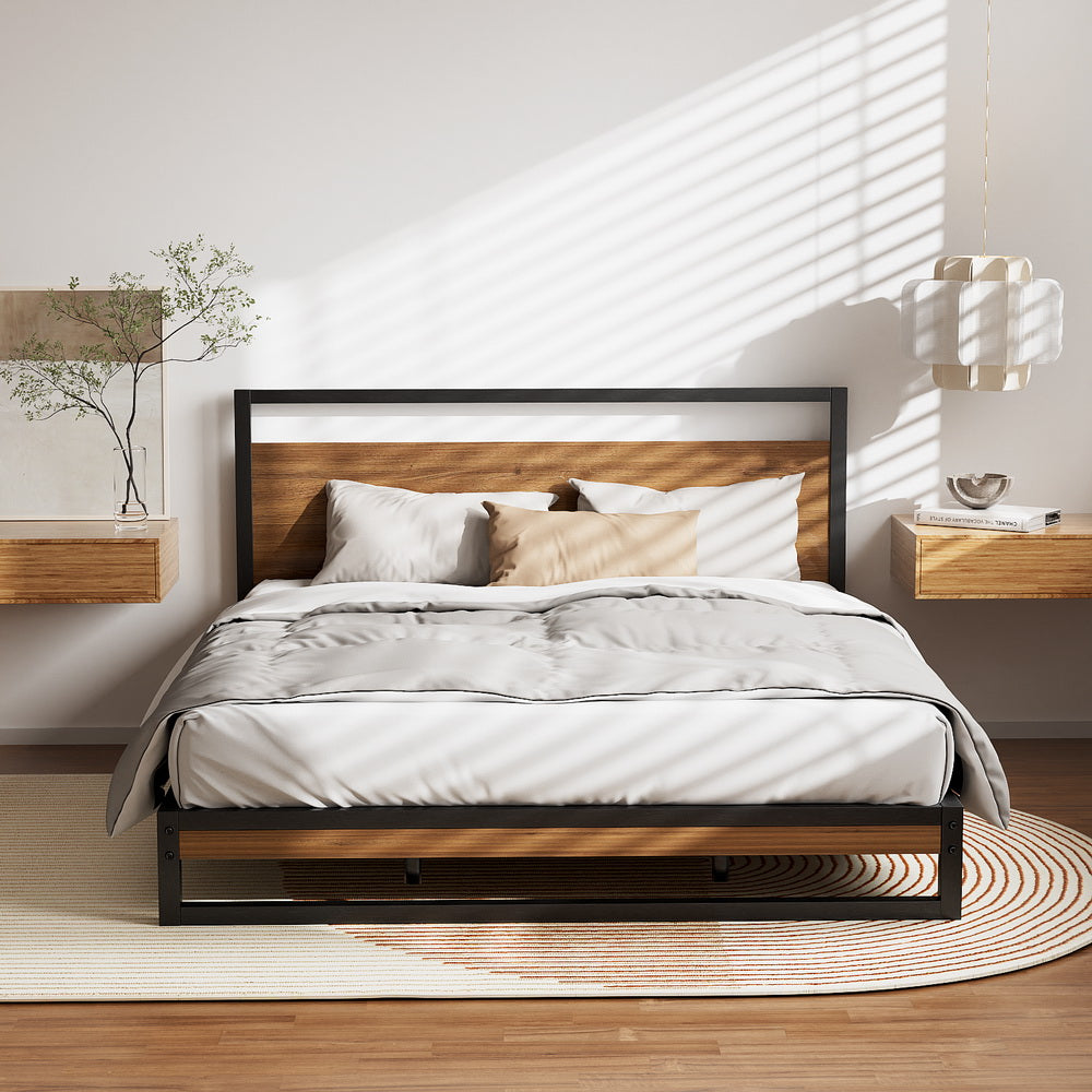 Dane Queen Metal Bed Frame Black Dark Wood