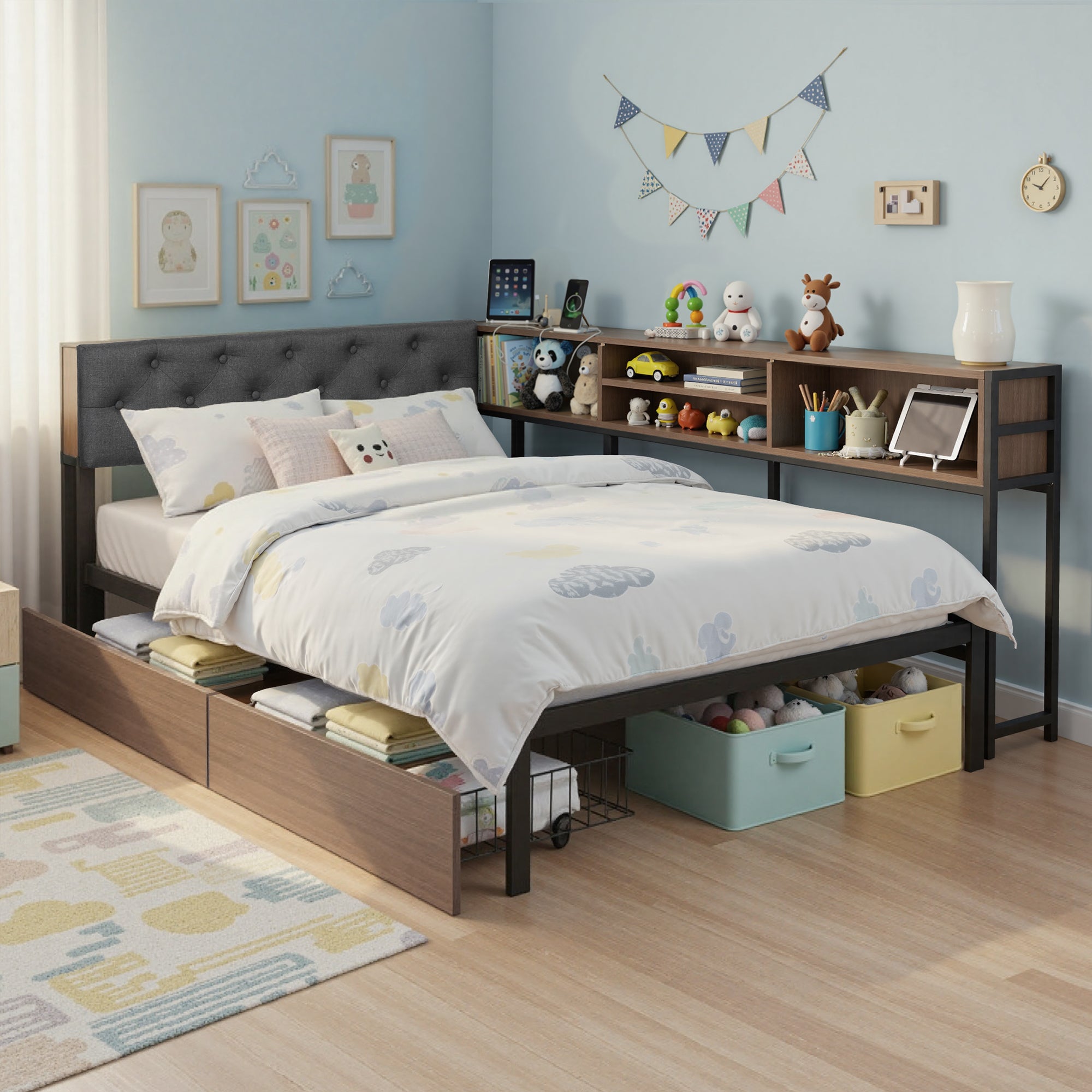 Artiss Bed Frame King Single Size with 2 Drawers and Charging Station Metal Corner Bed Base