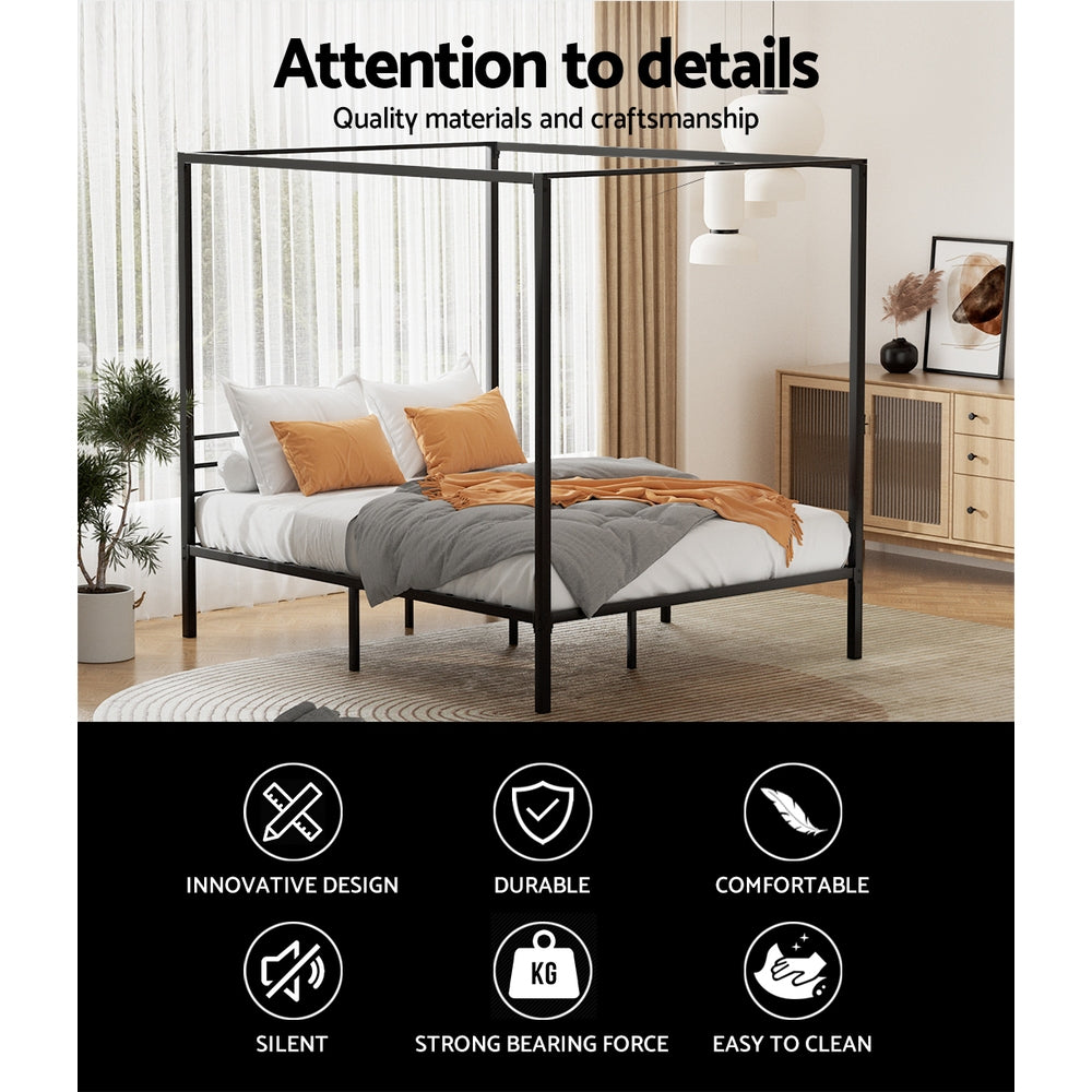 Pochy Queen Metal Bed Frame Canopy Black