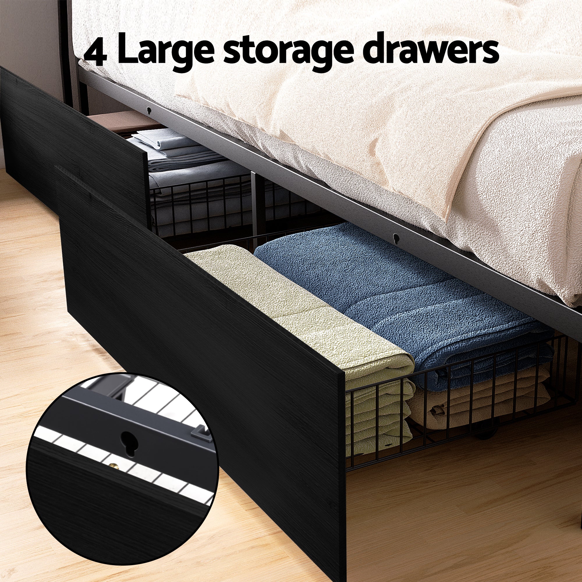 Artiss Metal Bed Frame Queen Size Storage Headboard Charge Station LED 4 Drawers
