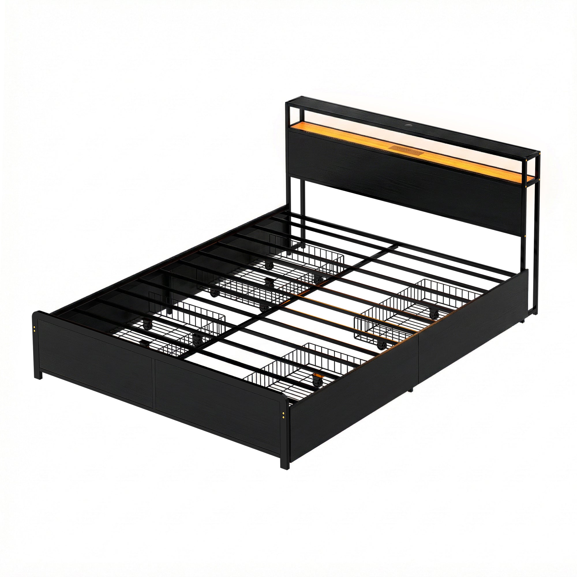 Artiss Metal Bed Frame Queen Size Storage Headboard Charge Station LED 4 Drawers