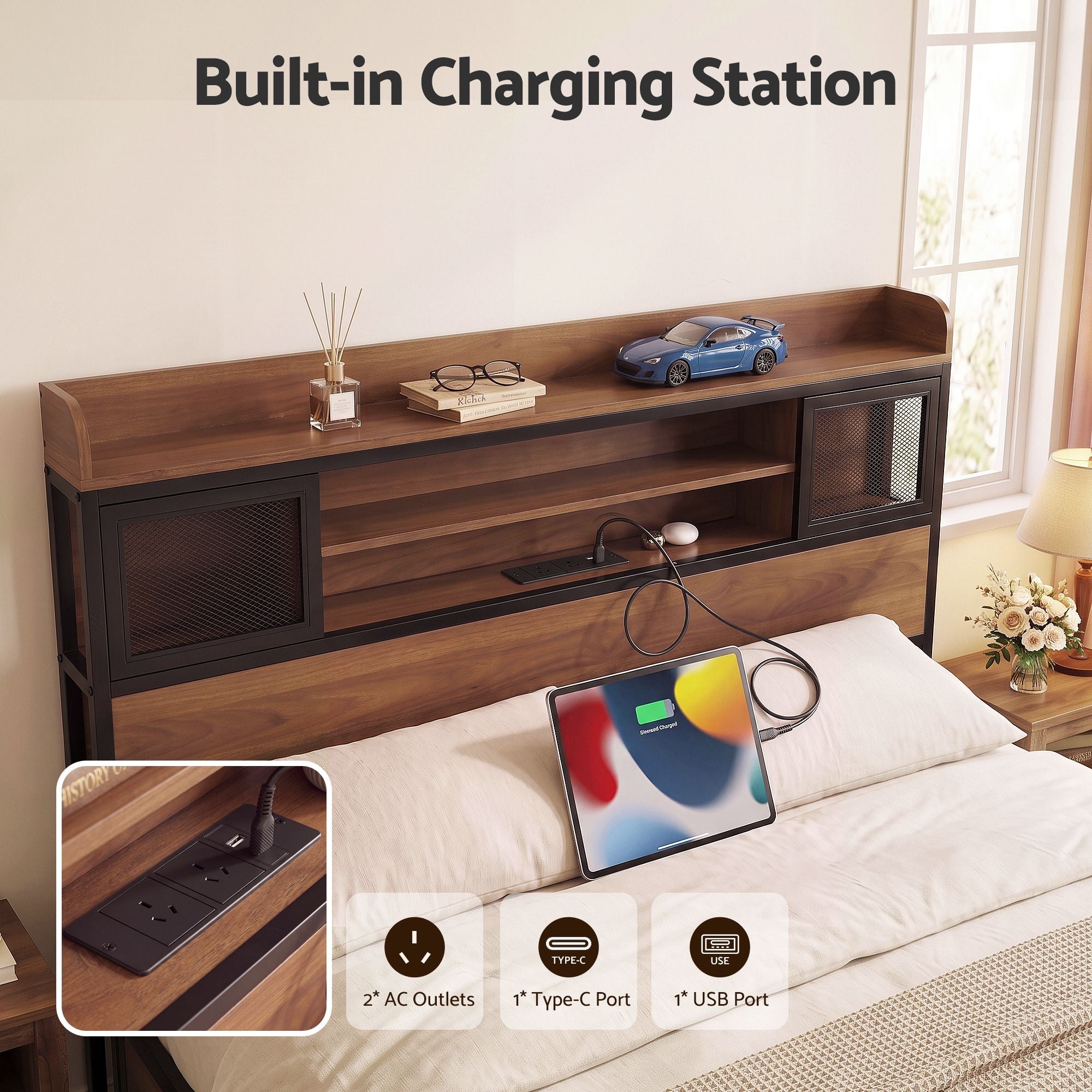 Artiss Double Bed Frame with Charging Station 4 Drawers Storage Oak