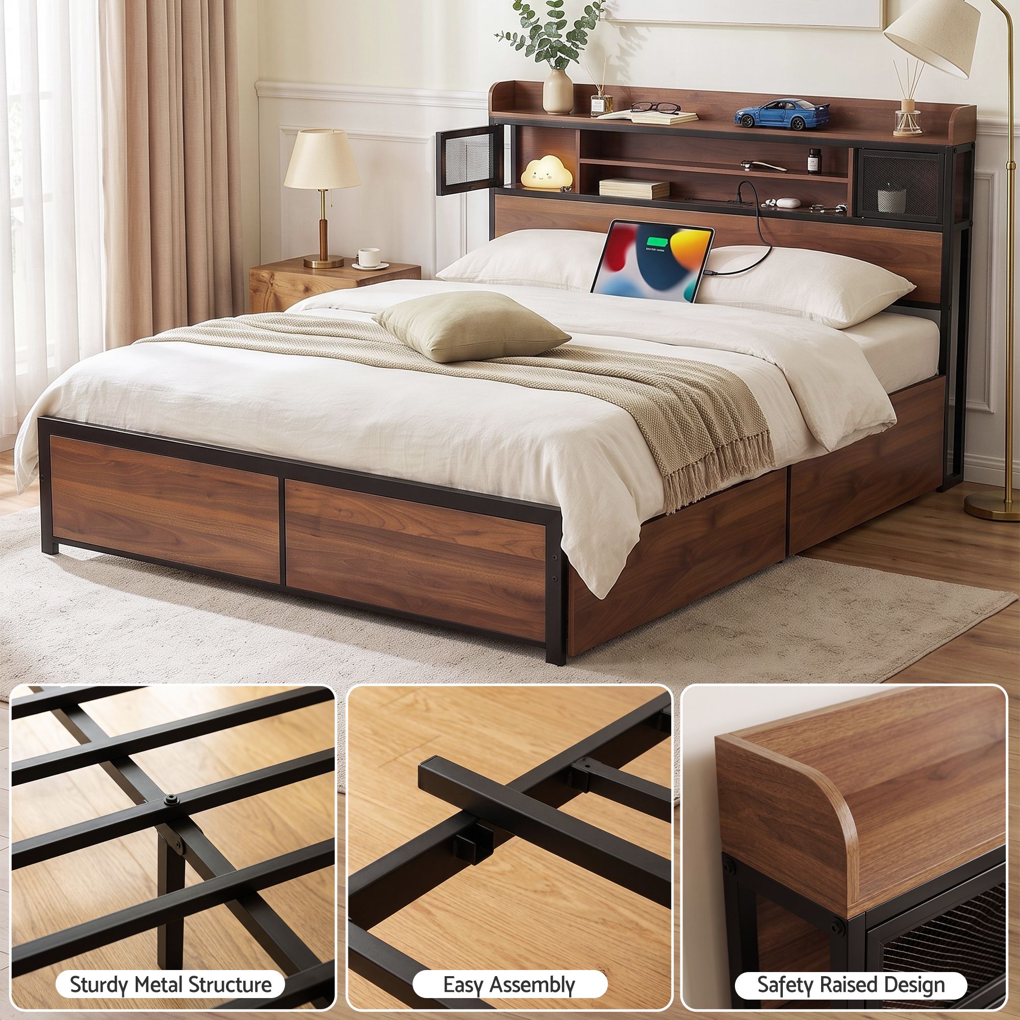 Artiss Double Bed Frame with Charging Station 4 Drawers Storage Oak