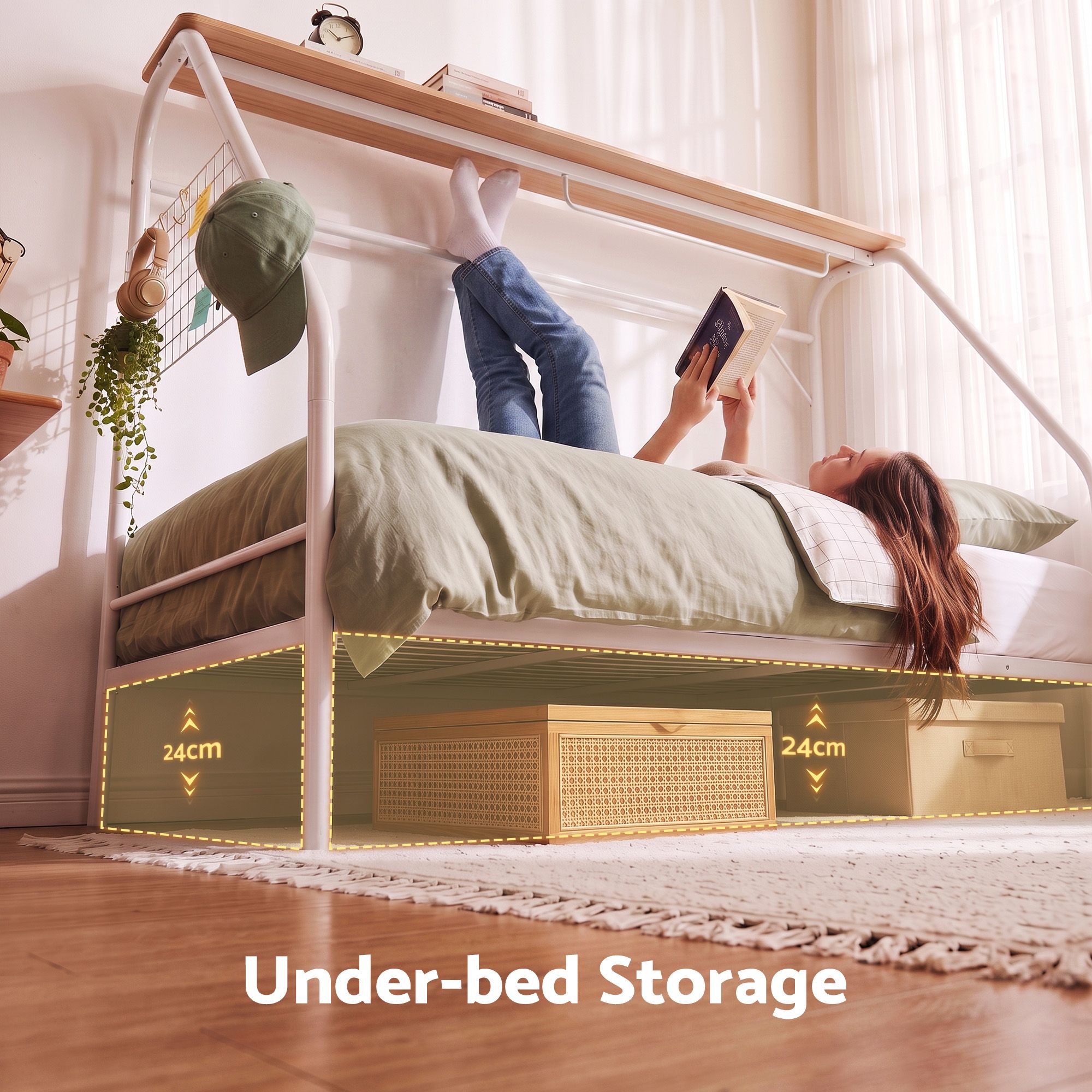 Artiss Single House Bed Frame Metal Canopy Bed Storage Shelf for Kids White
