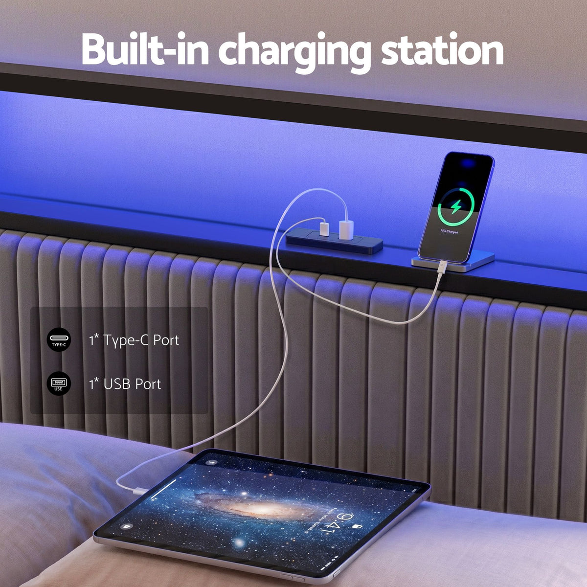 Line Queen Metal Bed Frame with LED Lights and USB Charging