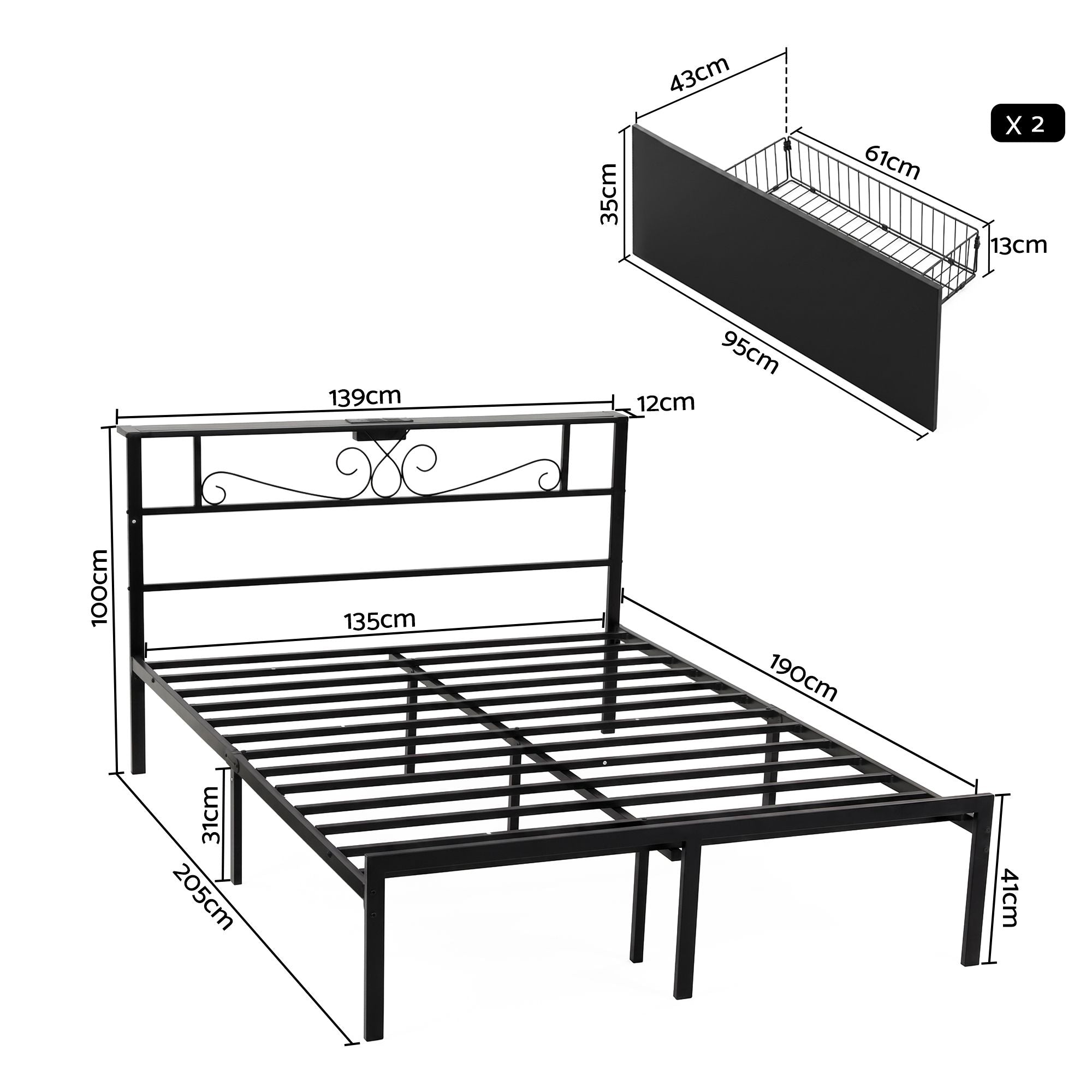 Artiss Double Bed Frame with Charging Station & Storage Drawers Metal