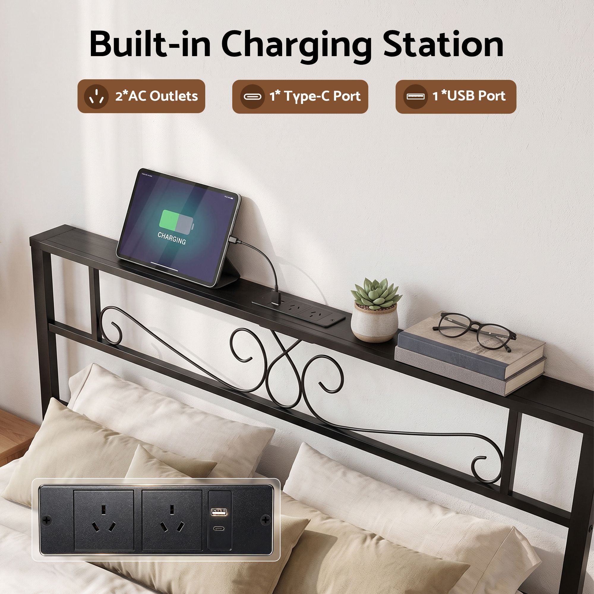 Artiss Queen Bed Frame with Charging Station & Storage Drawers Metal