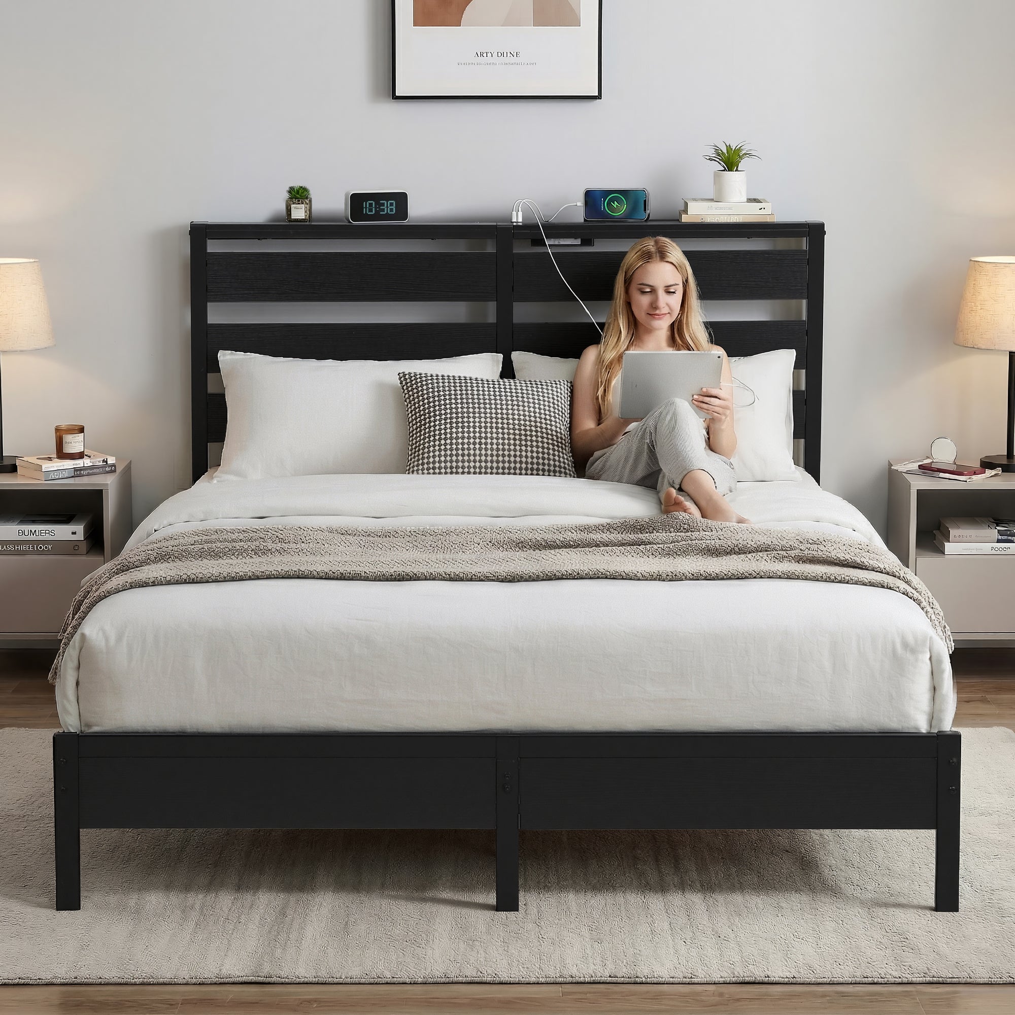 Artiss Bed Frame Double Size LED Metal Bed Base with Charging Station
