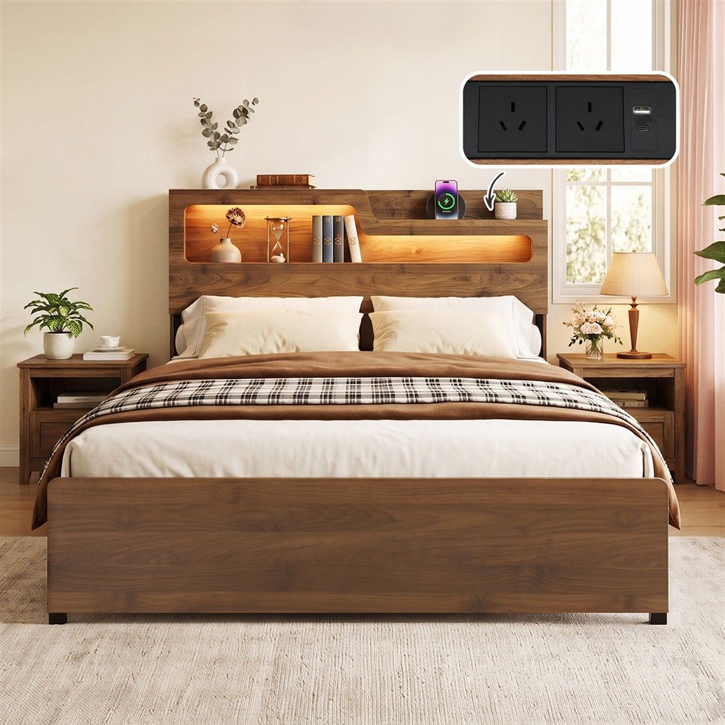 Rock Double Metal Bed Frame with Charging Station and LED Lights