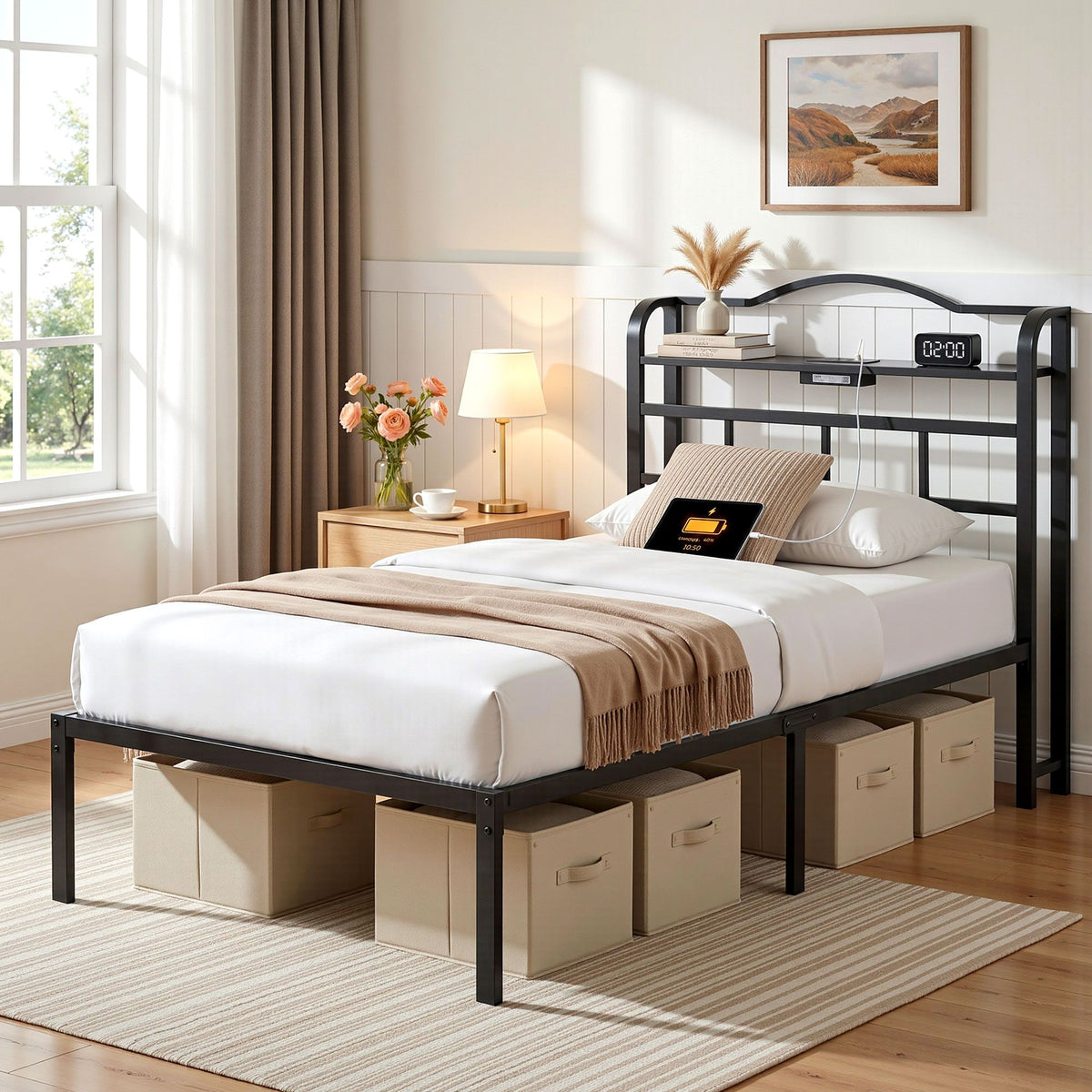 Wave Single Bed Frame with Charging Station and Headboard Storage