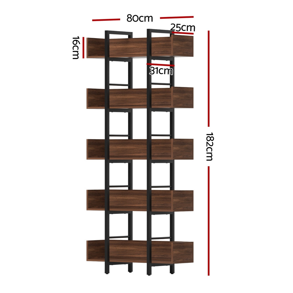Artiss 5-Tier Bookshelf Display Shelves Metal Storage Rack Walnut