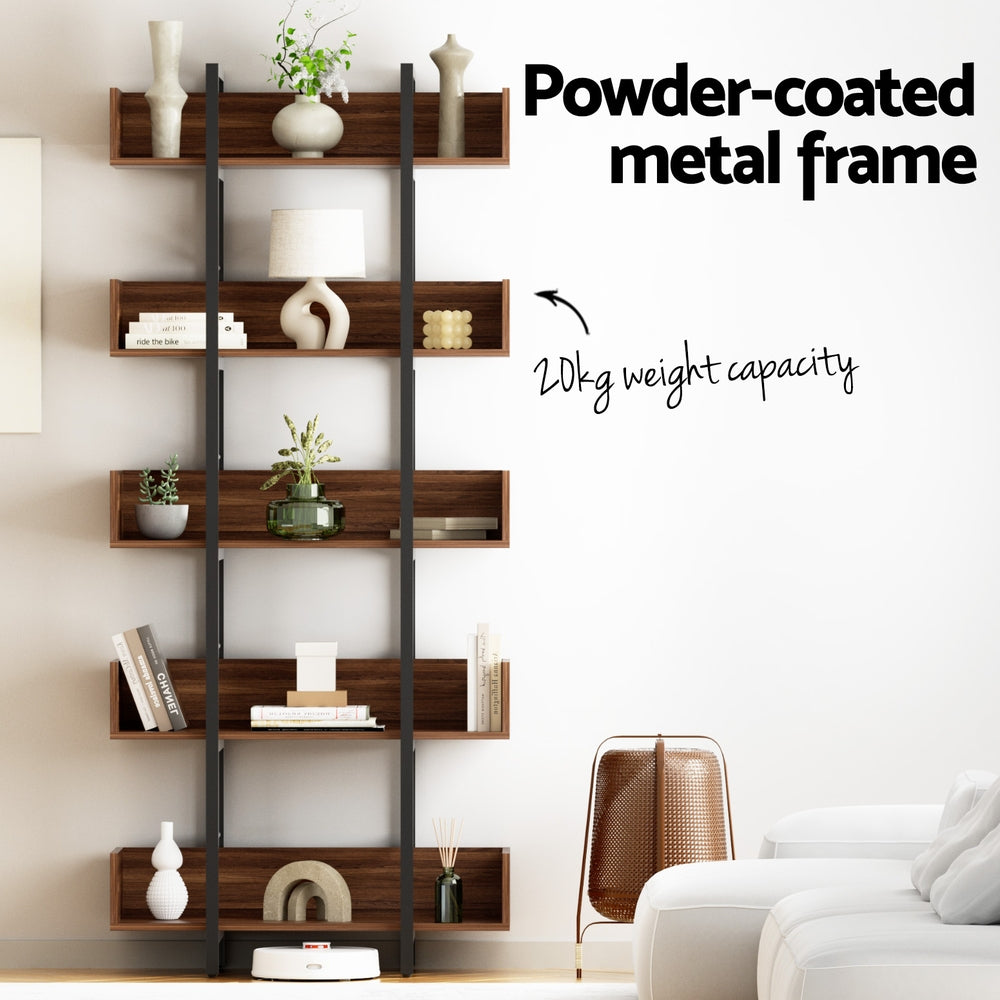 Artiss 5-Tier Bookshelf Display Shelves Metal Storage Rack Walnut