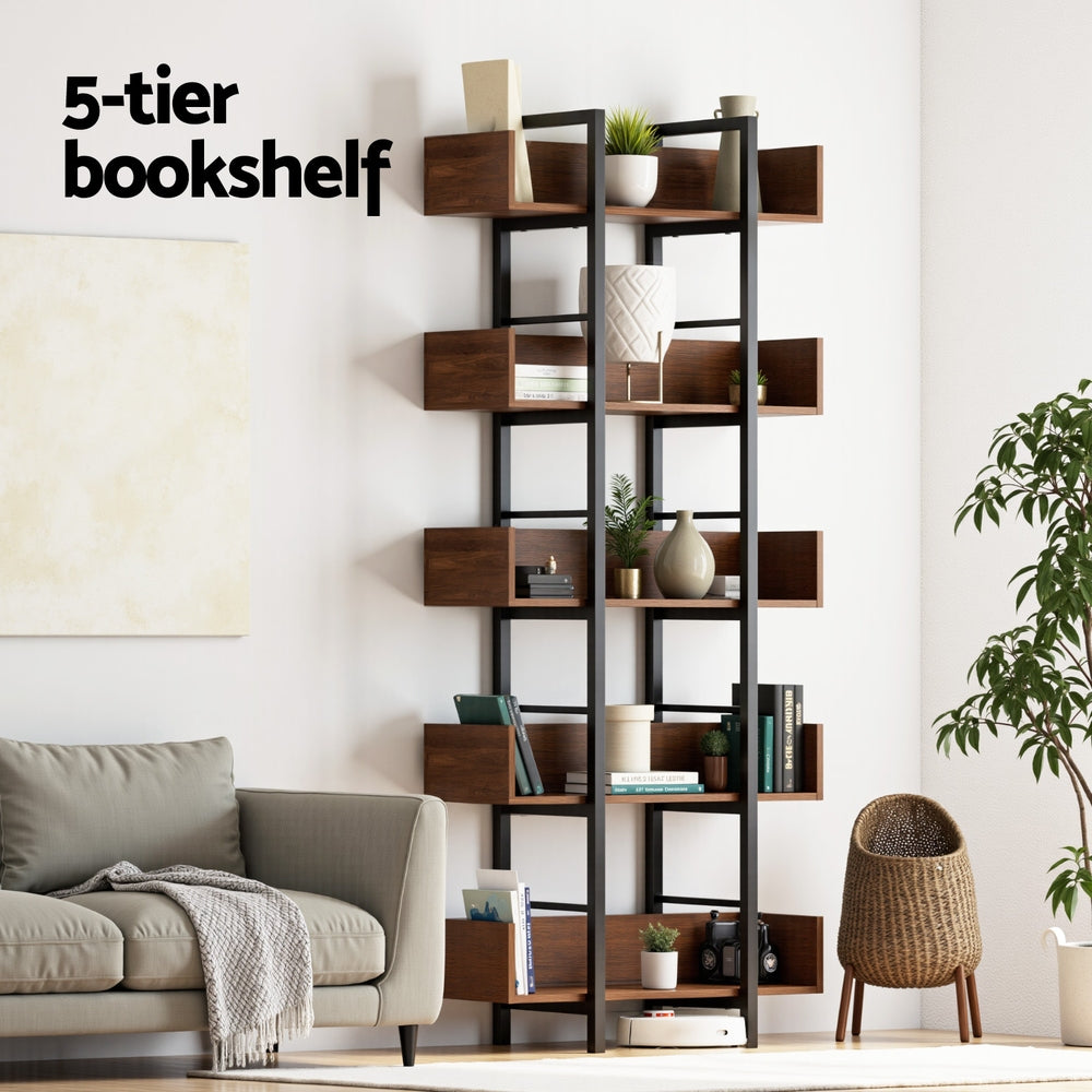 Artiss 5-Tier Bookshelf Display Shelves Metal Storage Rack Walnut