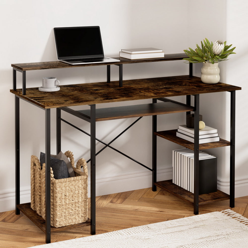 Artiss 120cm Home Office Desk Brown with Shelves and Keyboard Tray