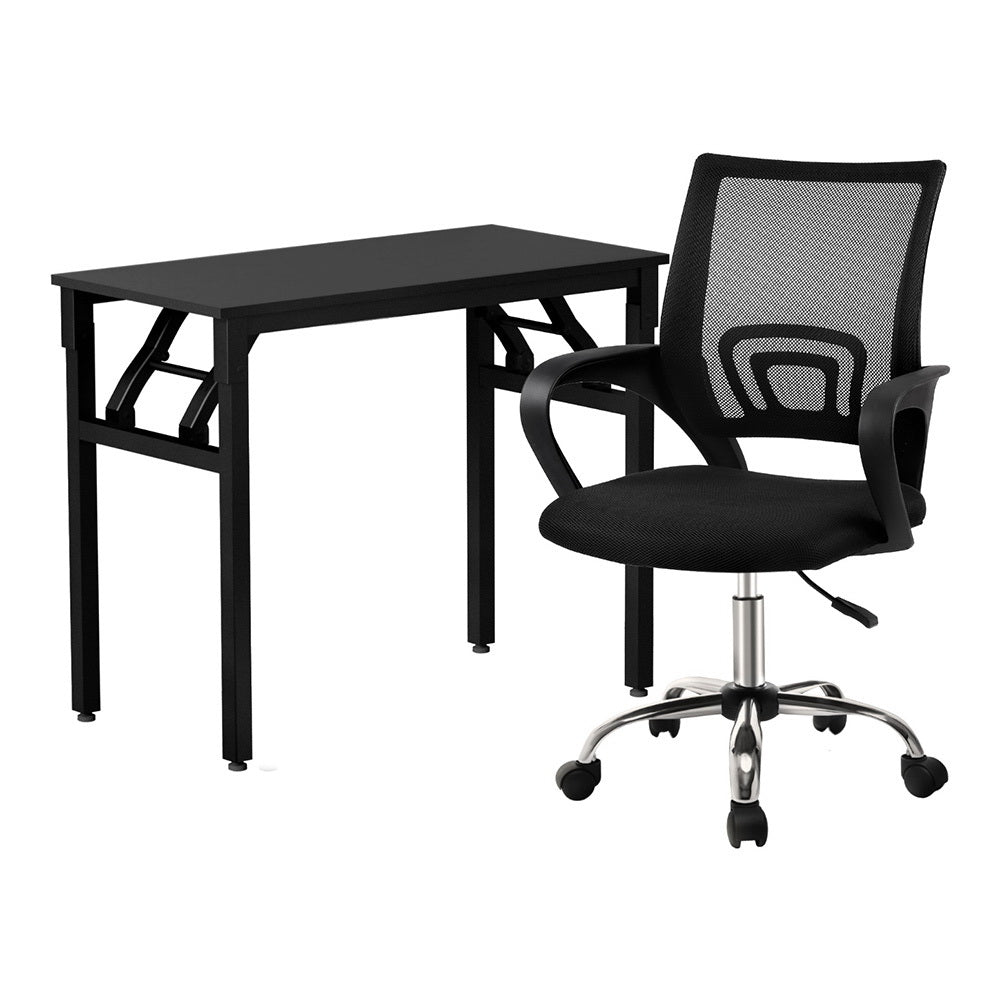 Artiss Foldable Corner Computer Desk and Mesh Office Chair Set Black