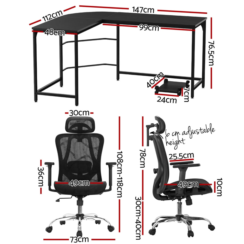 Artiss L-Shape Corner Desk with Ergonomic Office Chair Combo Black