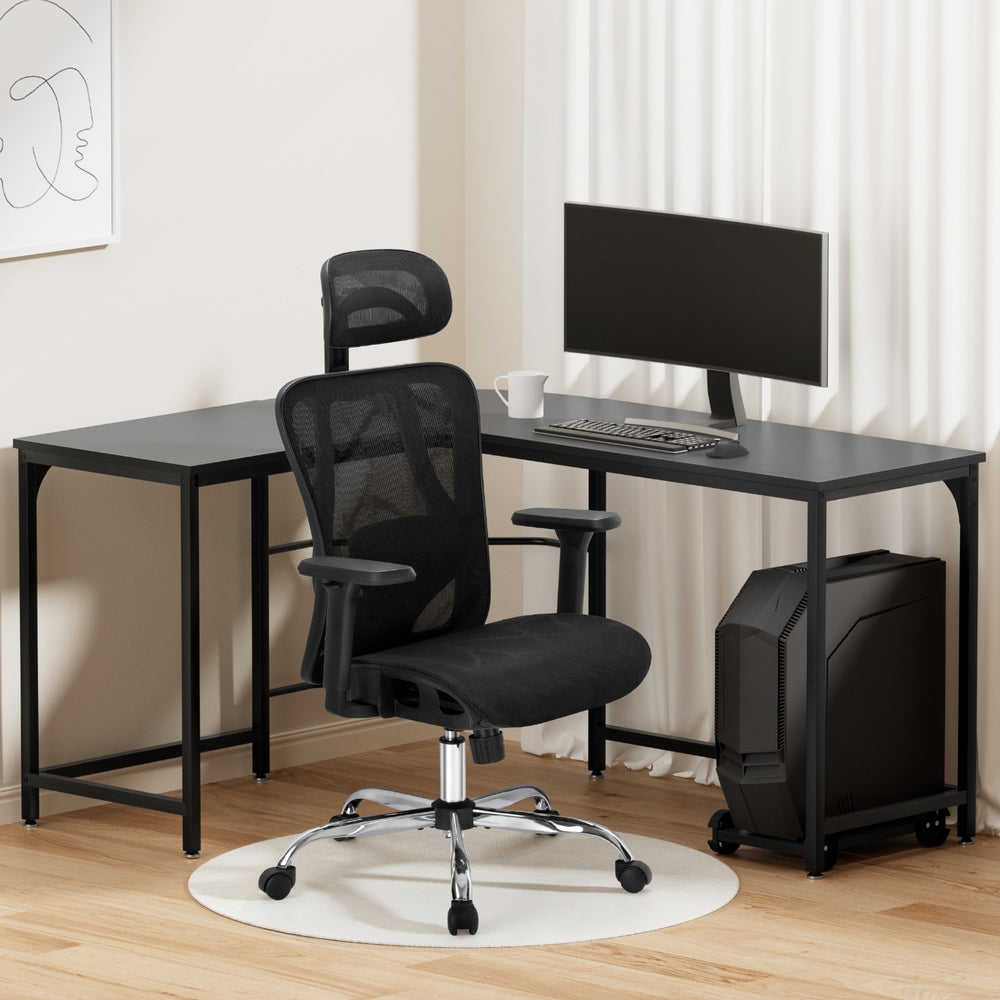 Artiss L-Shape Corner Desk with Ergonomic Office Chair Combo Black