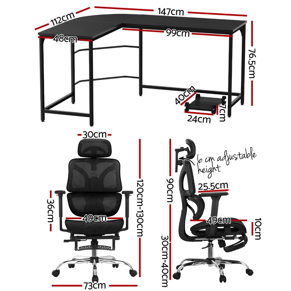 Artiss L-Shape Computer Desk with Ergonomic Mesh Office Chair Black